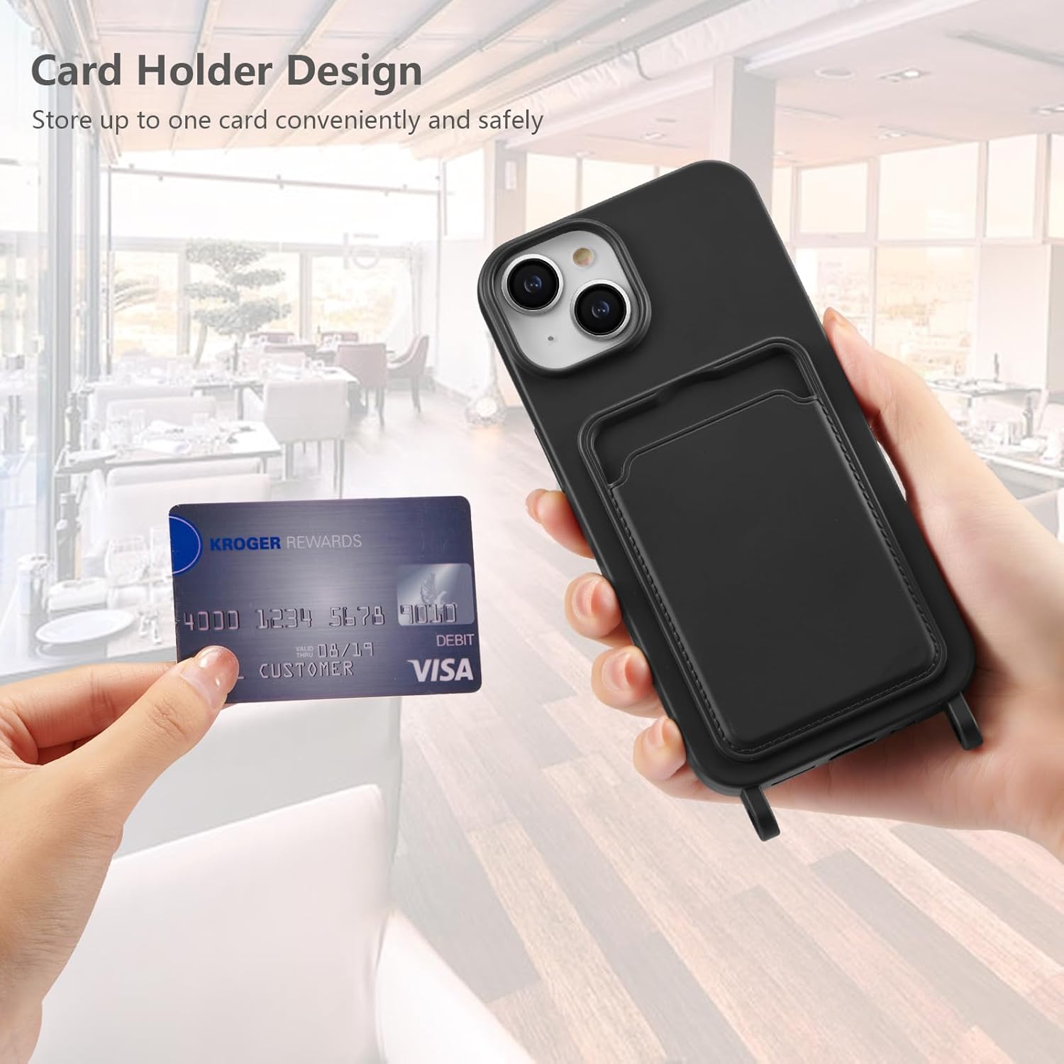 Thumbnail 4 de ZTOFERA Handykette Hülle für iPhone 15 mit Kartenhalter und Umhängeband aus Liquid Silikon – Schwarz