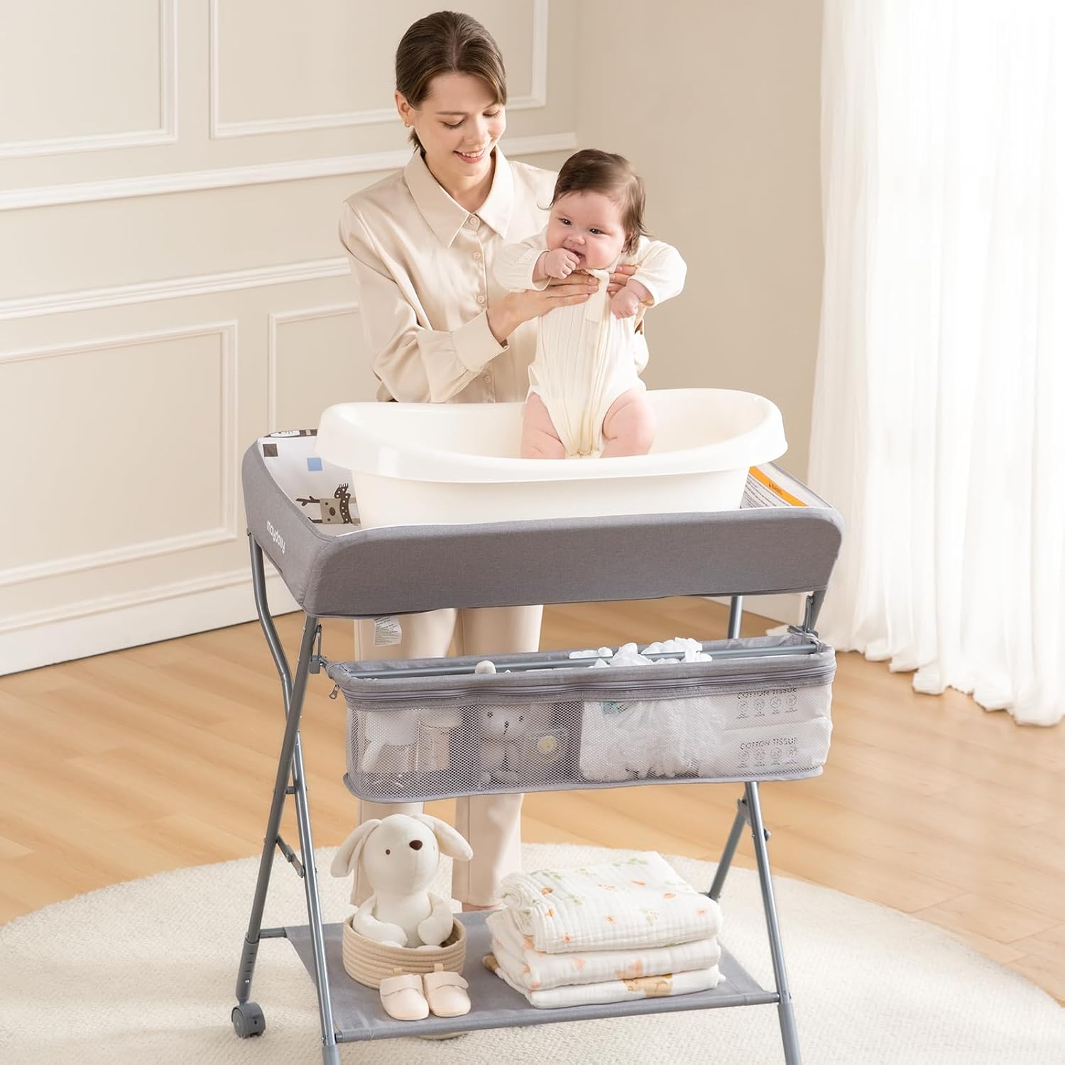 Detalle de Maydolly Baby Changing Table with Wheels, Adjustable Height, Folding Light Gray