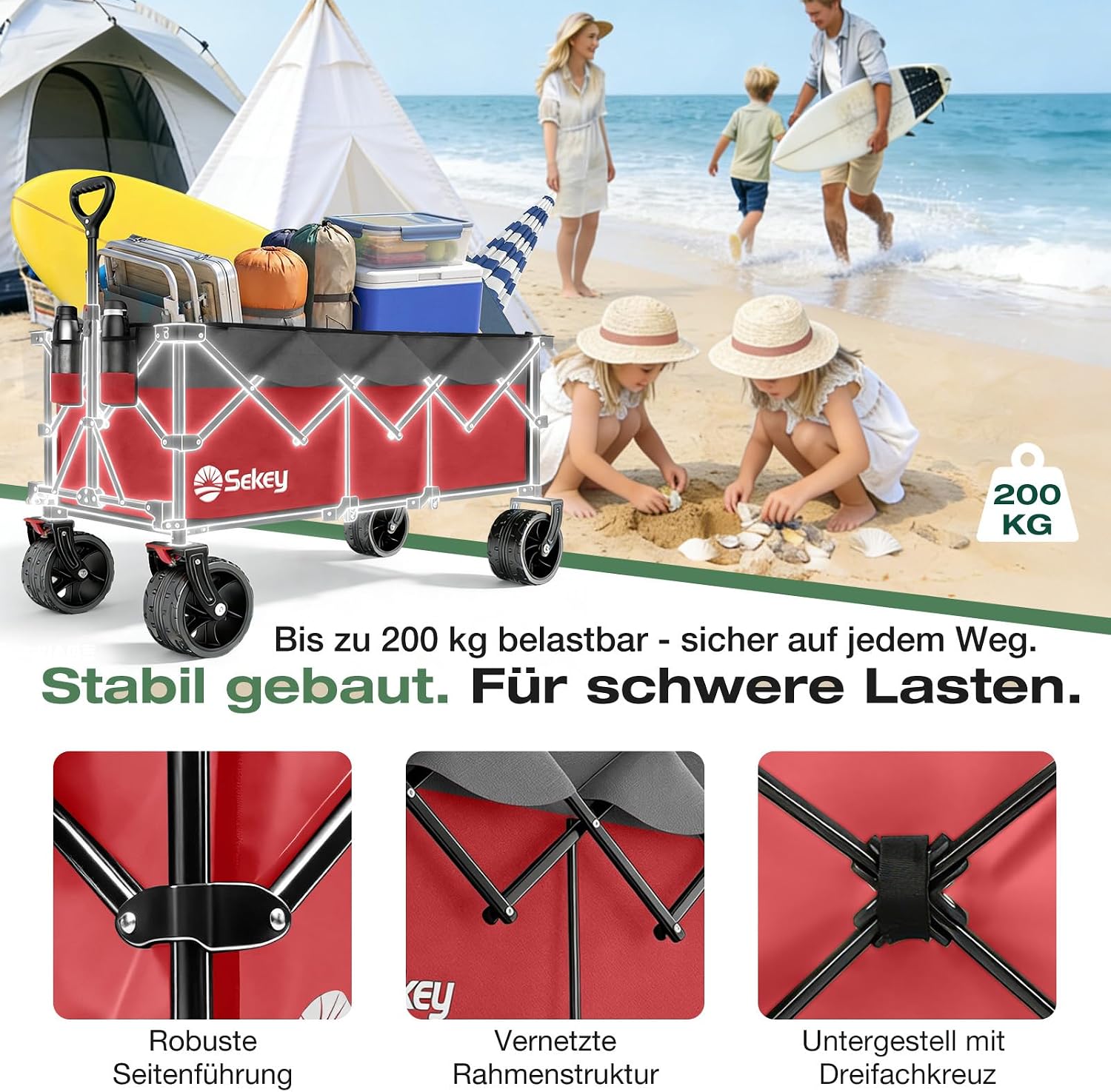 Detalle de Sekey XXXL Faltbarer Bollerwagen 300L/200kg – All-Terrain mit Extra Breite, 4-Wege Aufbau, Rot-Grau