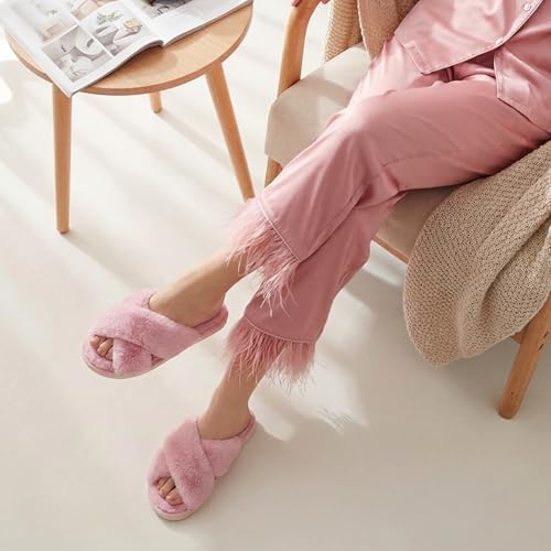 Detalle de Ankis Women's Pink Fuzzy Fluffy Slippers Size 9/10 UK Memory Foam, Cross Band Open Toe