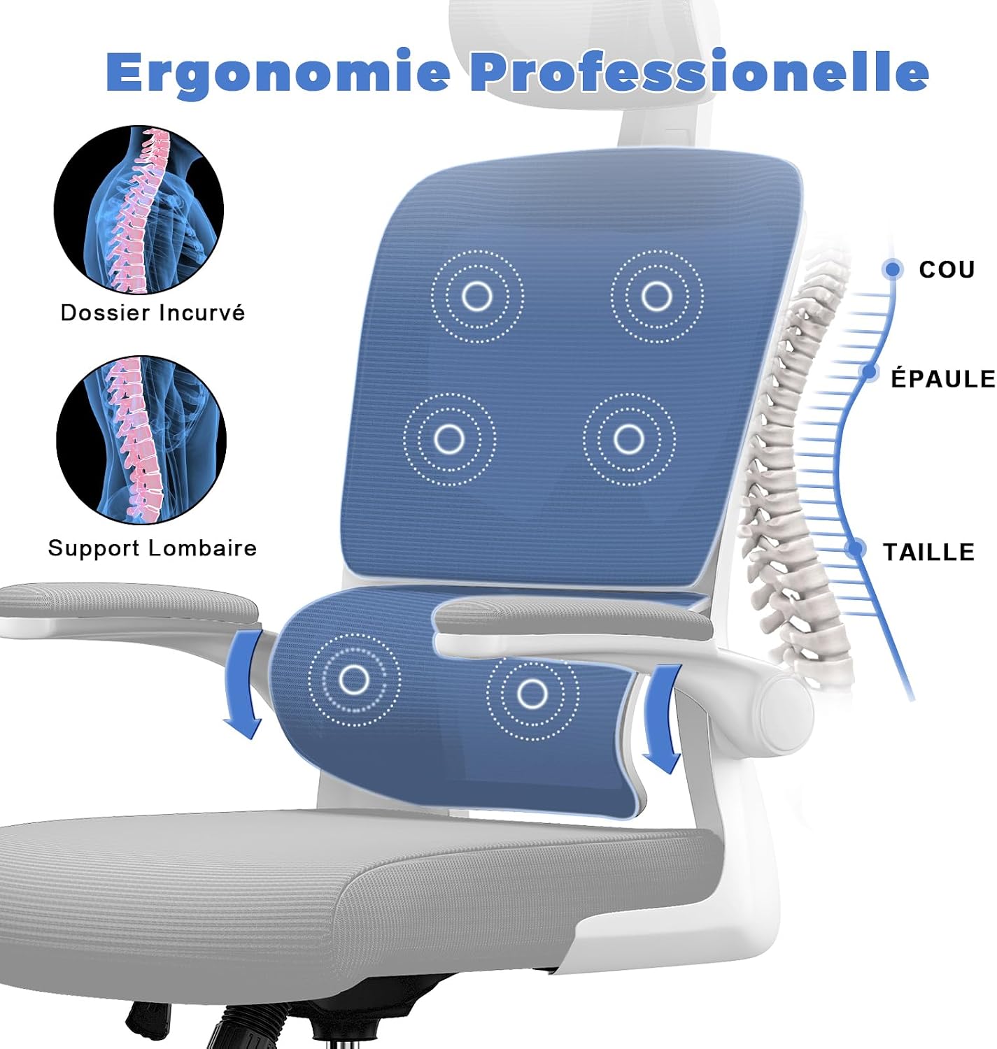 Thumbnail 3 de Chaise de Bureau Ergonomique Naspaluro — soutien lombaire ajustable, dossier en maille, repose-tête et accoudoirs rabattables (gris)