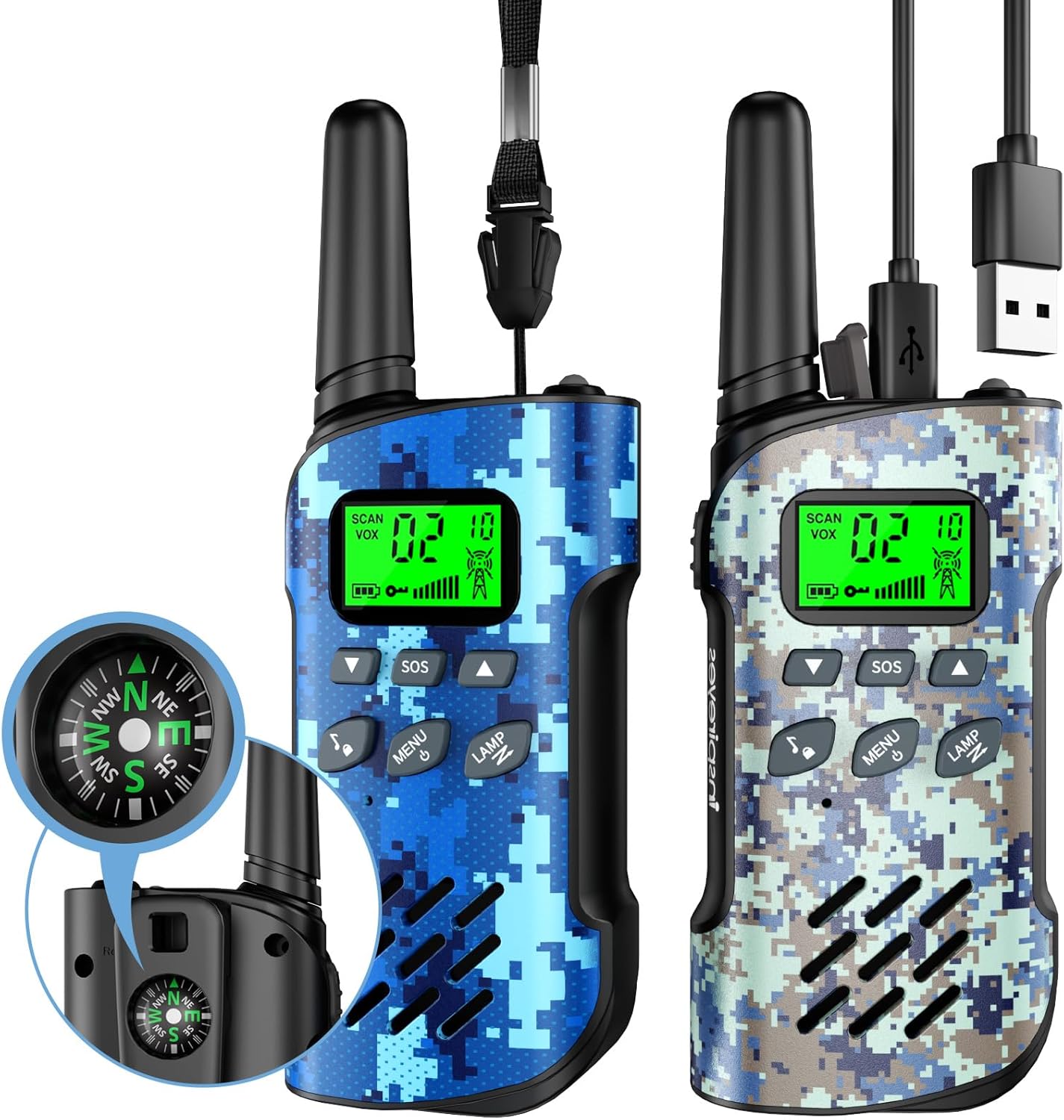 Detalle de Inspireyes Kids Walkie Talkies (2-Pack) with Compass, USB-C Rechargeable – Camouflage