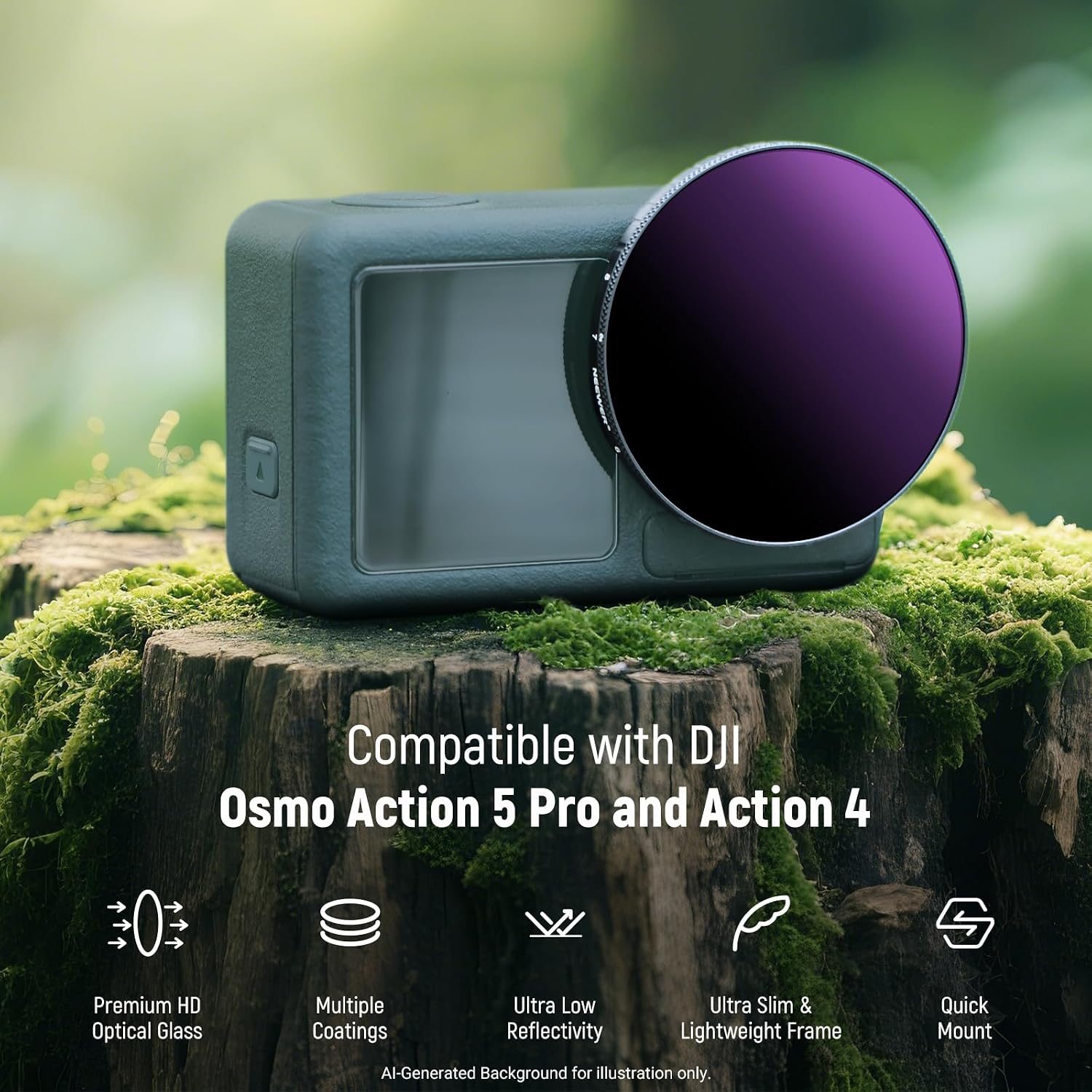 Detalle de NEEWER Variabler ND Filter für DJI Osmo Action 5 Pro & Action 4 – ND64-256 (6–8 Stops)