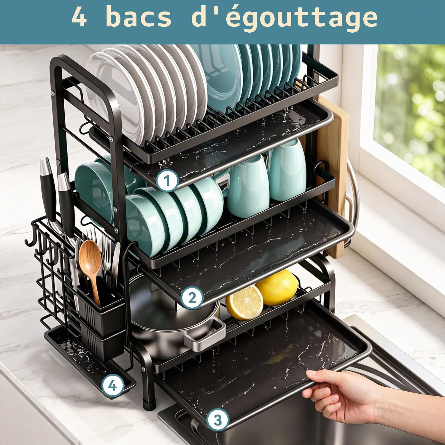 Detalle 2 de Niffgaff Égouttoir à Vaisselle Acier Inoxydable 3 étages Grand – Double plateau et support pour Couverts