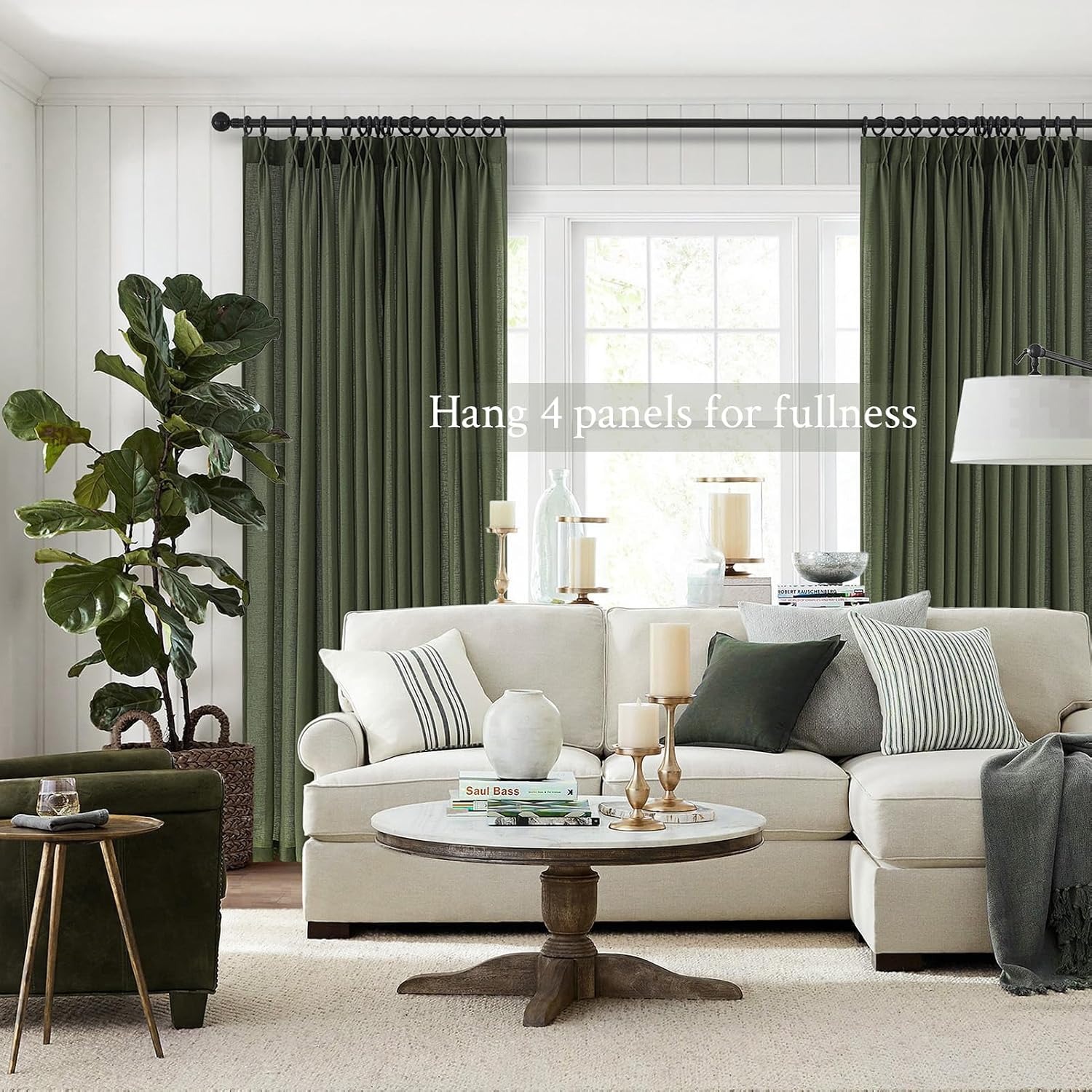 Detalle 2 de Topfinel Pinch Pleated 63-Inch Olive Green Linen Curtains (2 Panels) for Track System