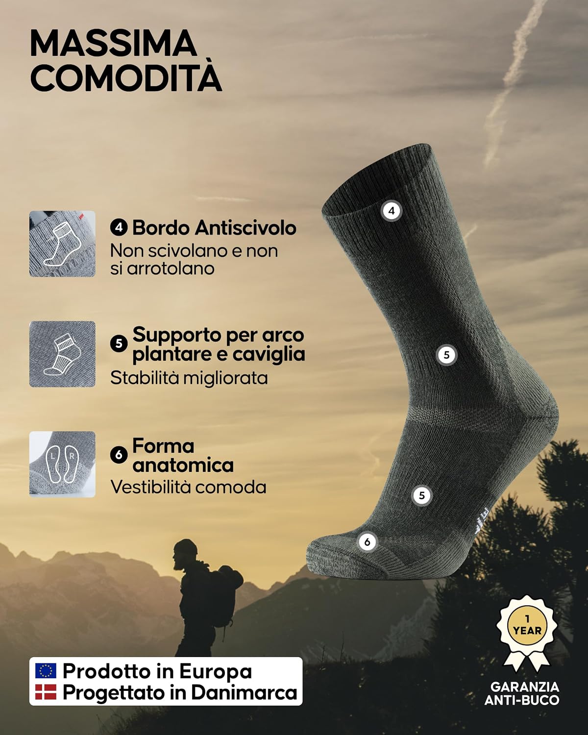 Detalle de Danish Endurance Calze trekking in lana merino 3 paia