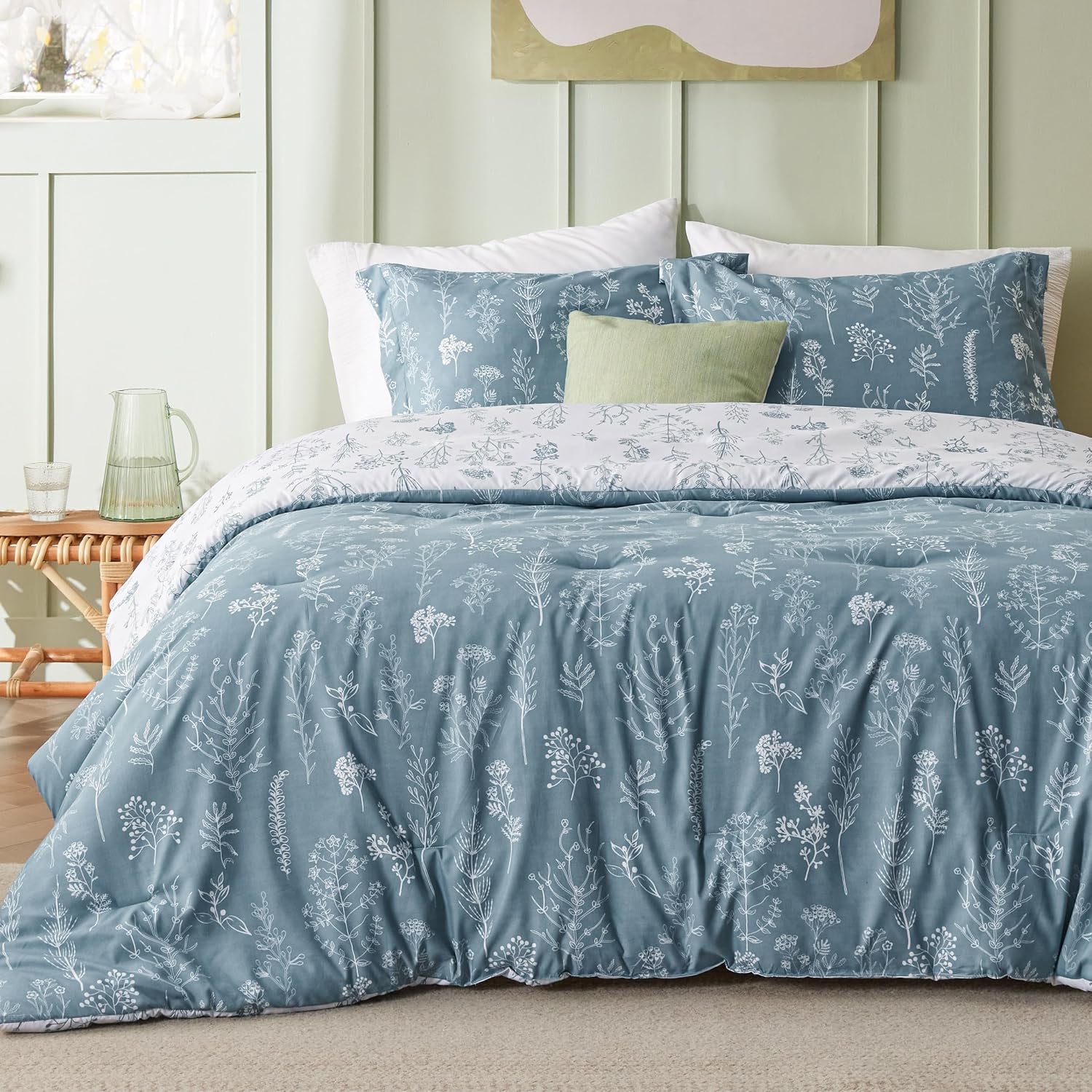 Detalle de Bedsure Floral Comforter Set, Full Reversible Mineral Blue Bedding