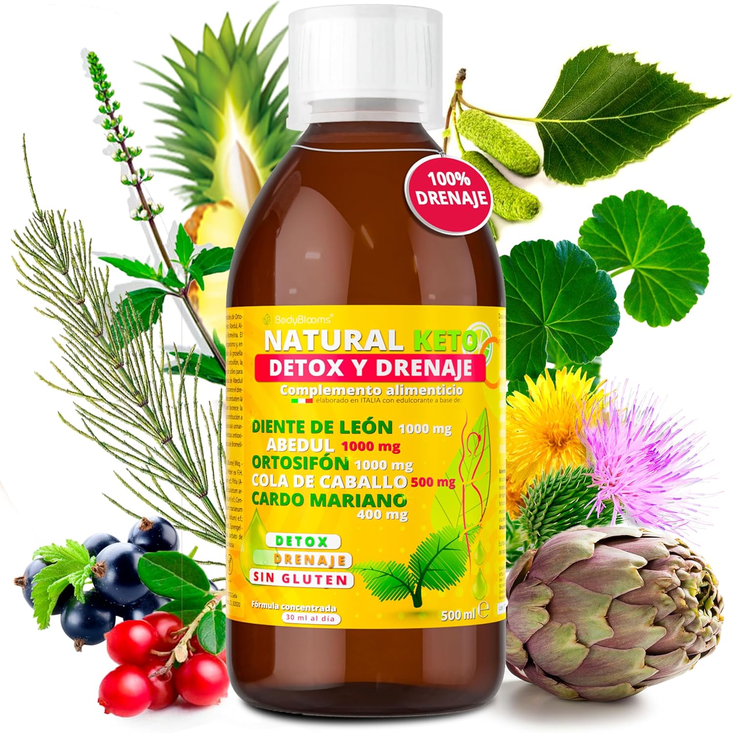 Detalle de Bodyblooms Quemagrasas potente 500 ml: detox, diuréticos y anticelulítico para apoyar la pérdida de peso