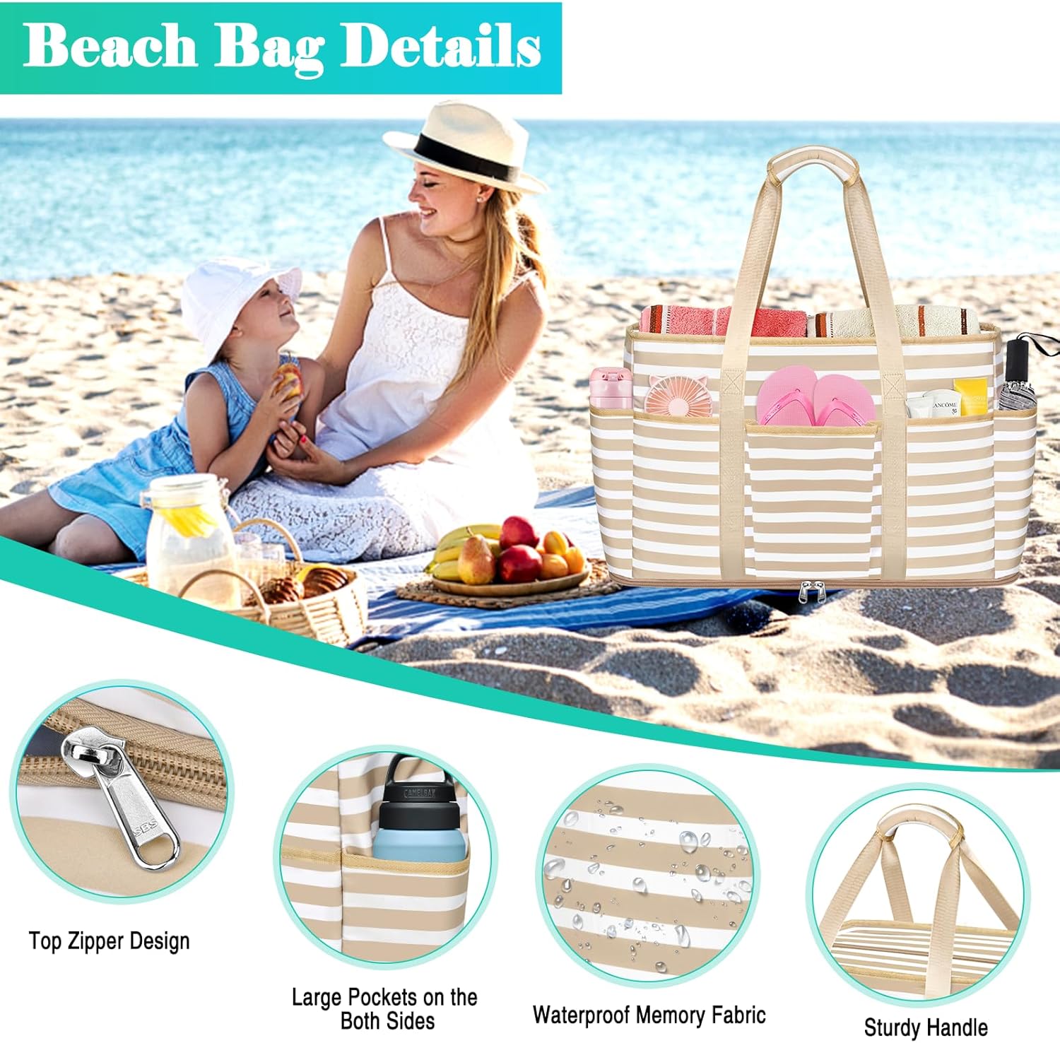 Detalle de JUYANO Extra Large Beach Bag for Women with Zip, Waterproof 45L Tote with Wet Compartment