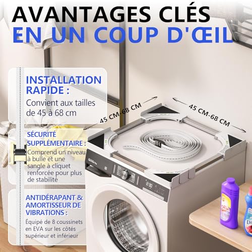 Detalle de JHCHU Slimline Kit d'empilage pour Lave-Linge et sèche-Linge – Cadre Universel Ultra Fin, 45–68 cm