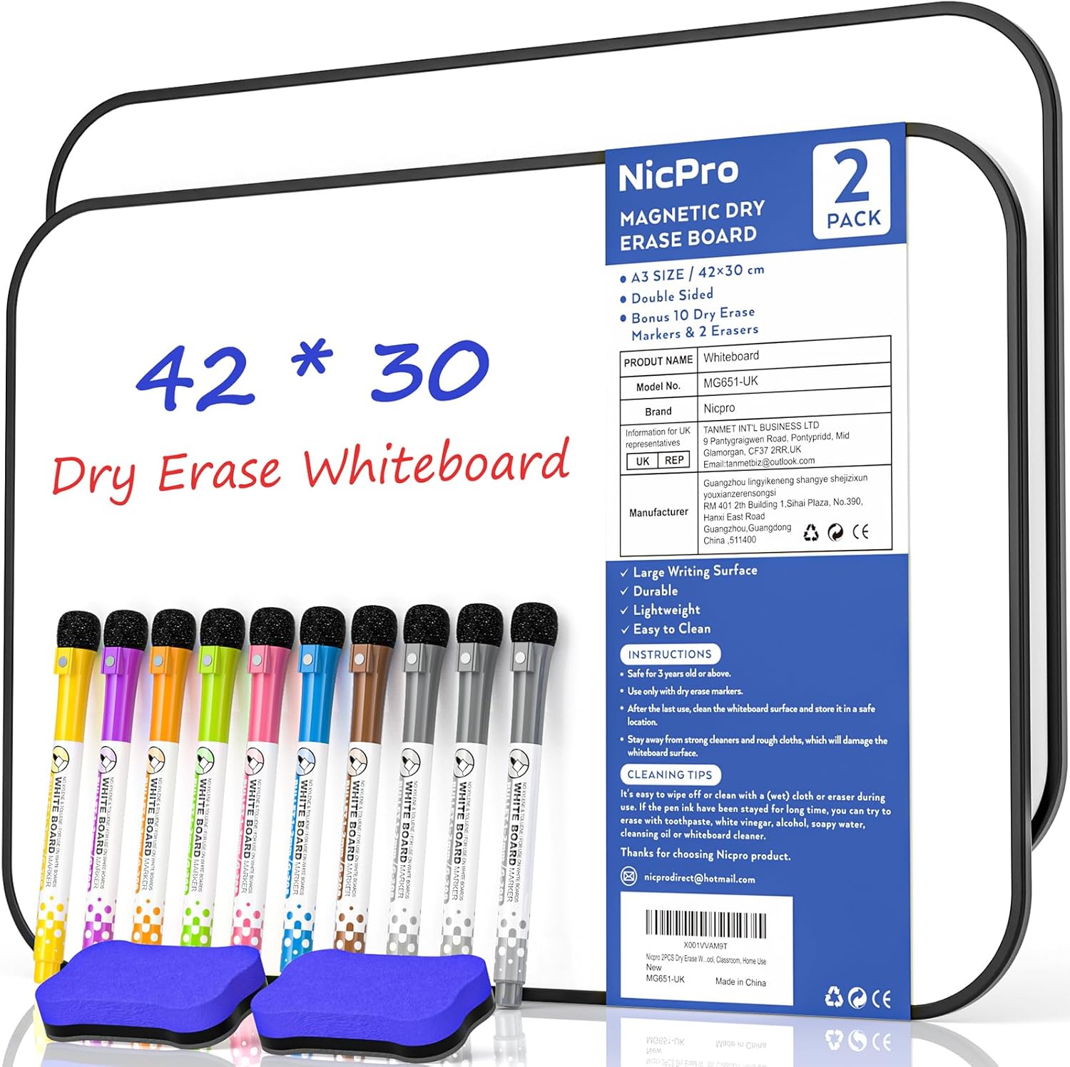 Thumbnail 6 de Nicpro A3 Magnetic Double-Sided Dry Erase Whiteboard (30 x 42 cm) with 8 Pens and Eraser