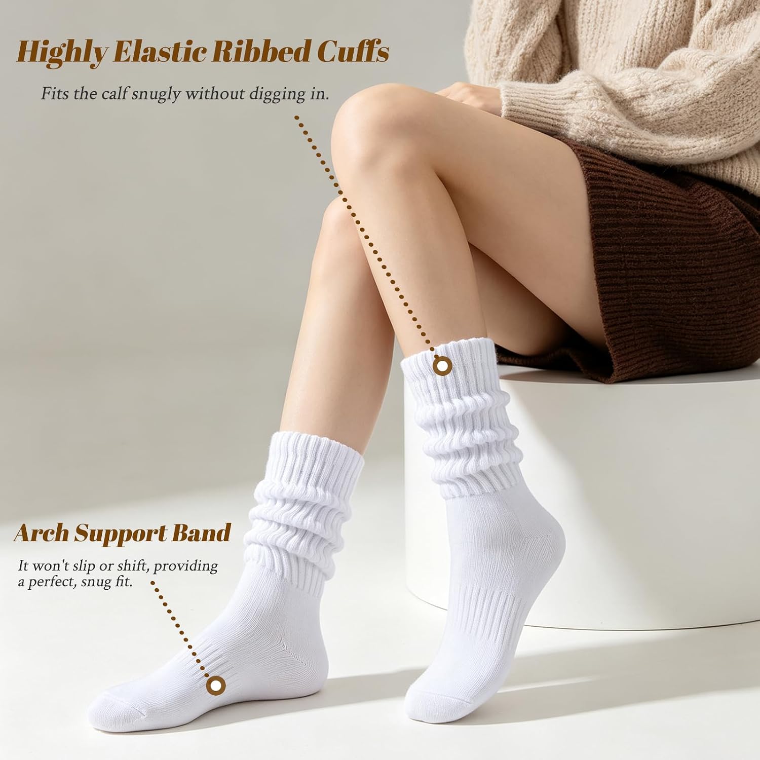 Detalle 2 de VoJoPi Women's Slouchy Crew Socks, 3-Pack, White Cotton-Blend Scrunch Socks