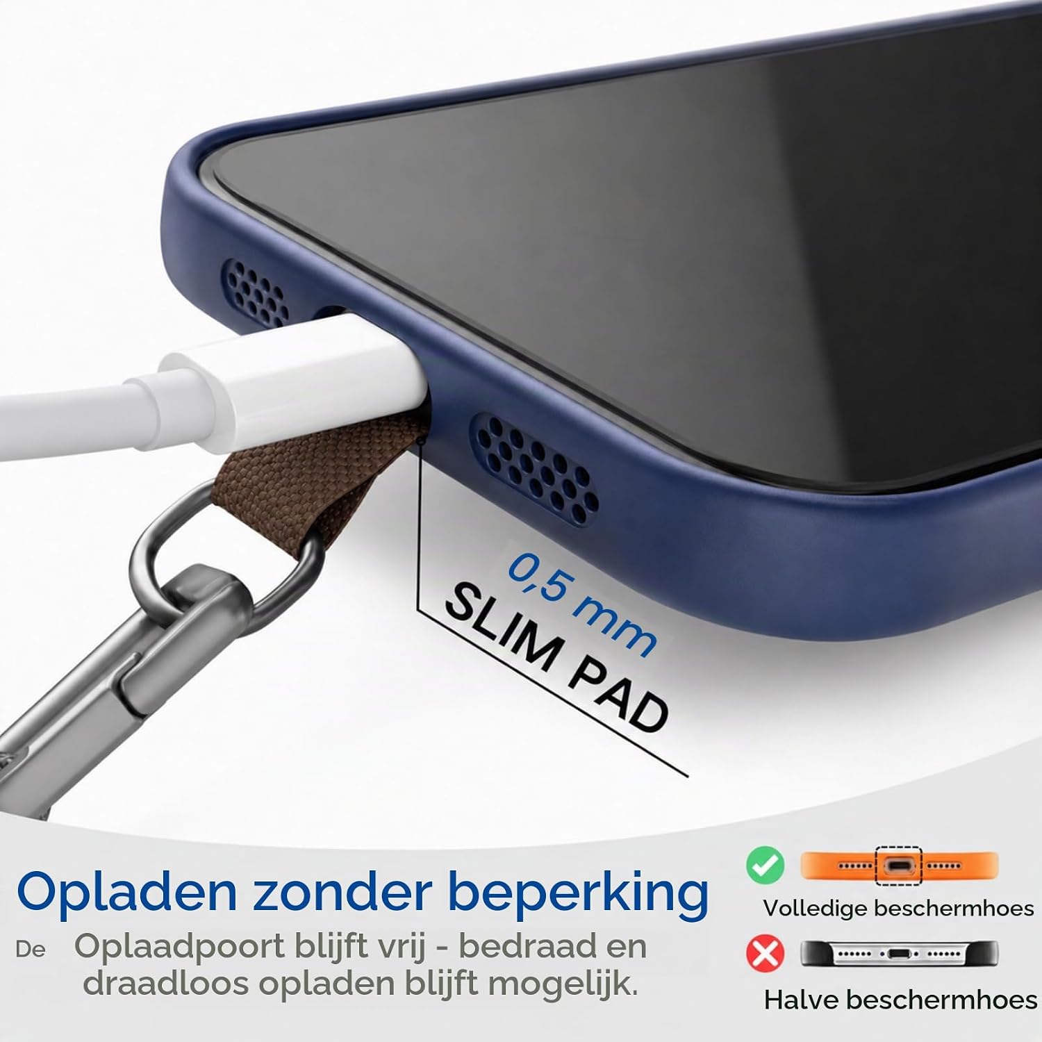 Detalle de OstayOne verstelbaar telefoonkoord met 2 universele patches