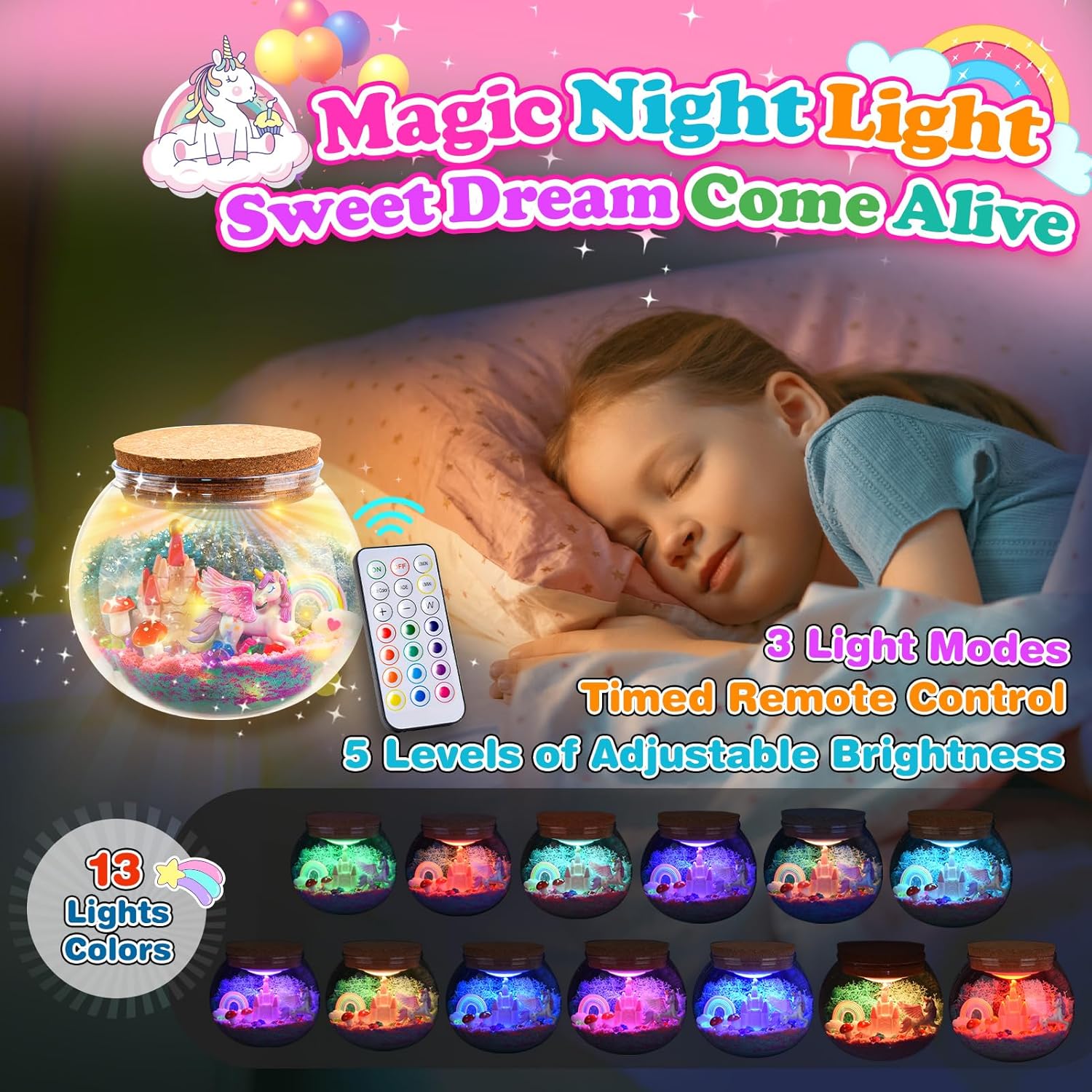 Detalle de HappyGoLucky Unicorn Terrarium Craft Kit with Night Light for Kids (Ages 3–9)