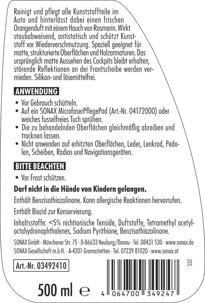 Thumbnail 1 de SONAX CockpitPfleger Matteffect Orange+Rosemary (500 ml) – Kunststoffreiniger für matte Oberflächen