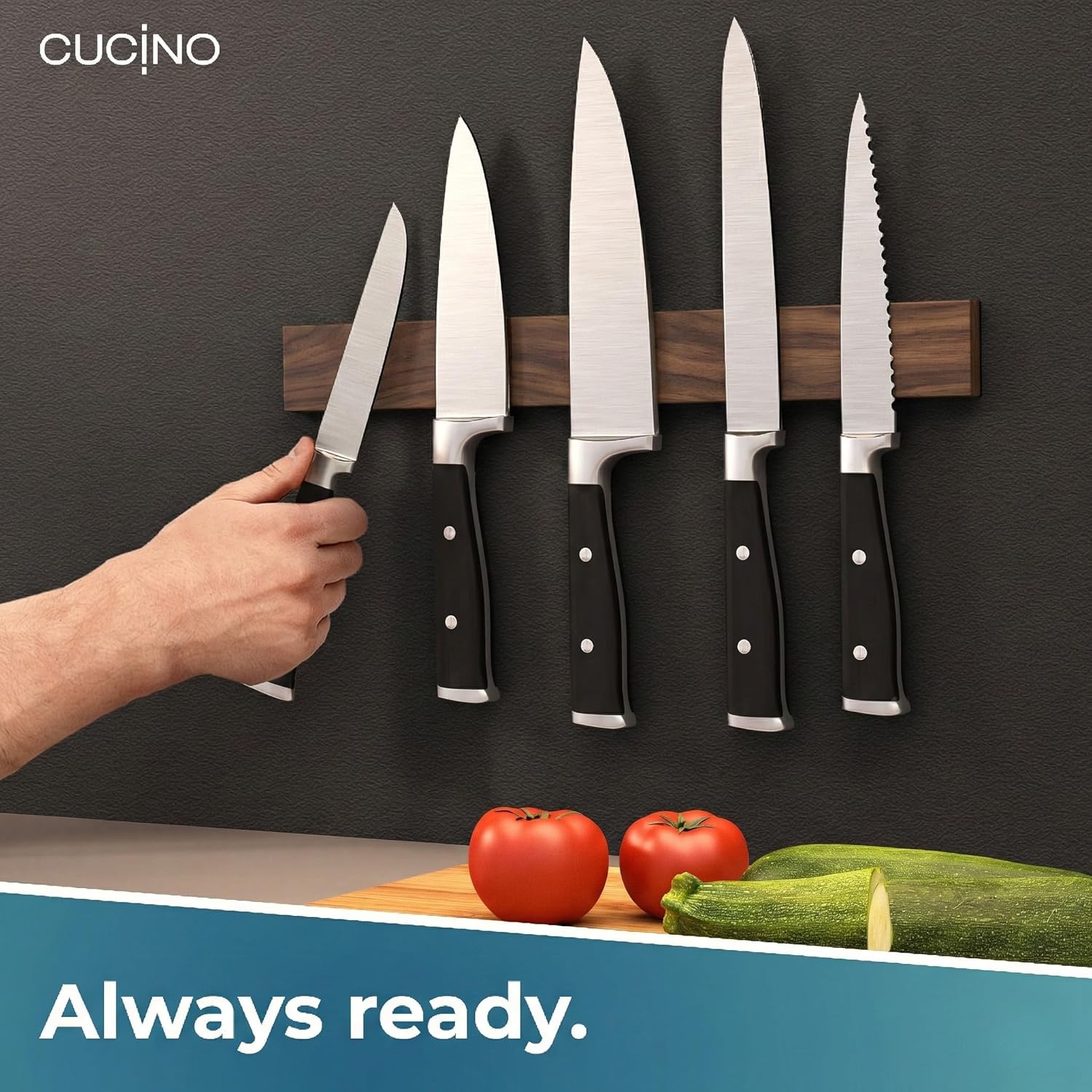 Thumbnail 4 de CUCINO Self-Adhesive Magnetic Knife Strip (Walnut, 40 cm) with Extra-Strong Magnet