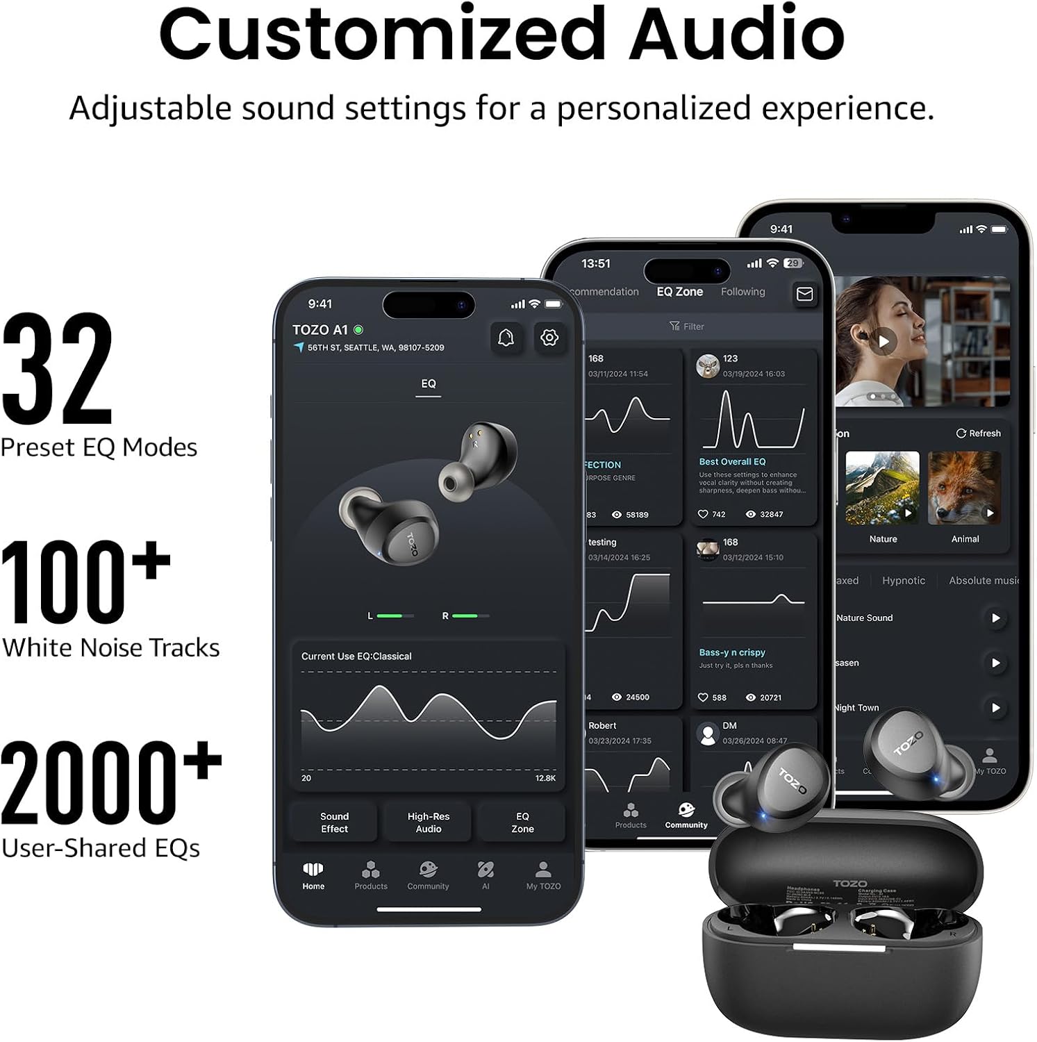 Detalle 2 de TOZO A1: Cuffie Bluetooth 5.3 con Origo Acustico OrigX, leggerezza e suono dinamico