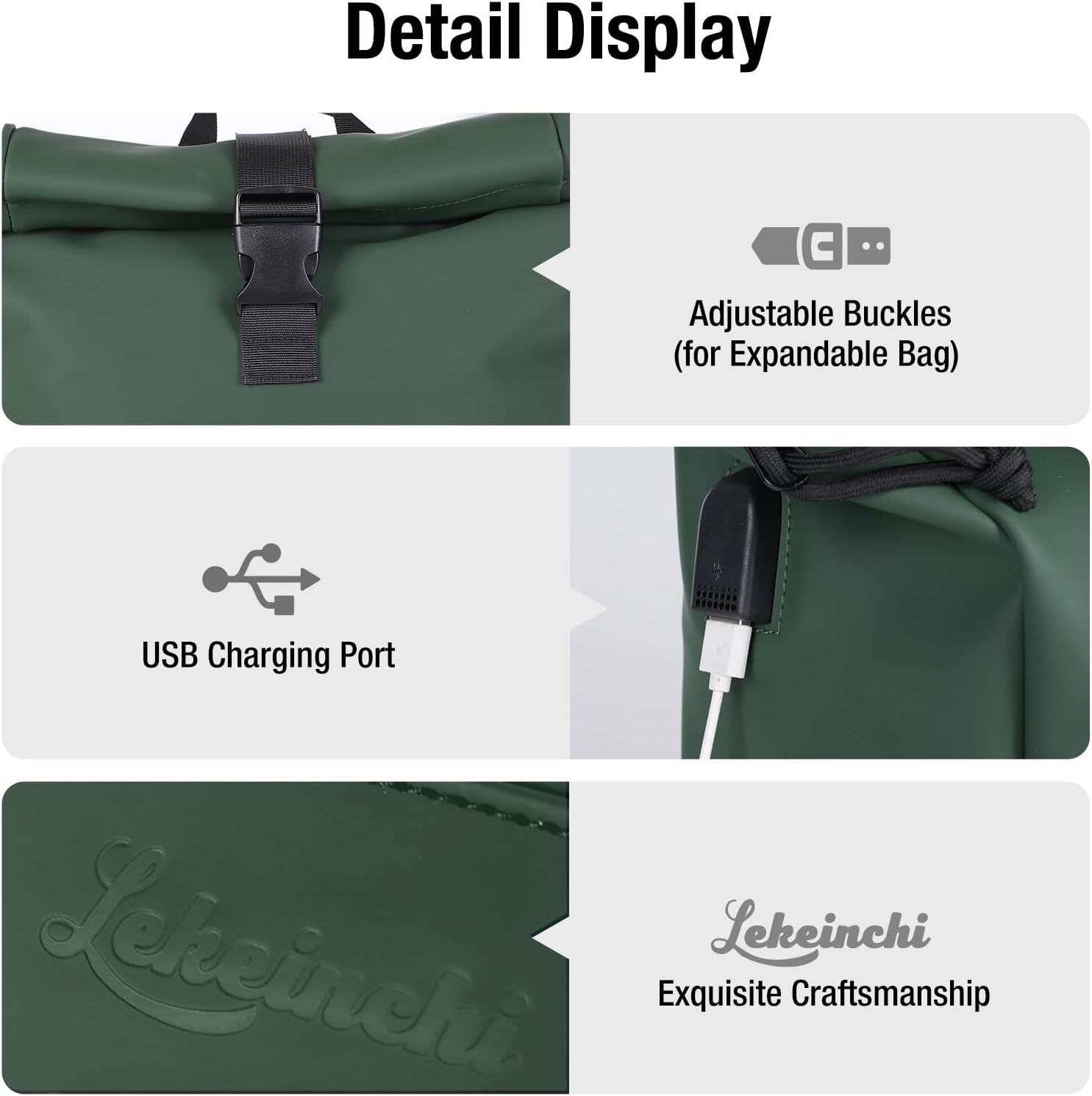 Thumbnail 3 de Lekeinchi Rolltop Rucksack wasserdicht – Laptop-Rucksack für 17 Zoll, Rolltop-Daypack (grün, XL)