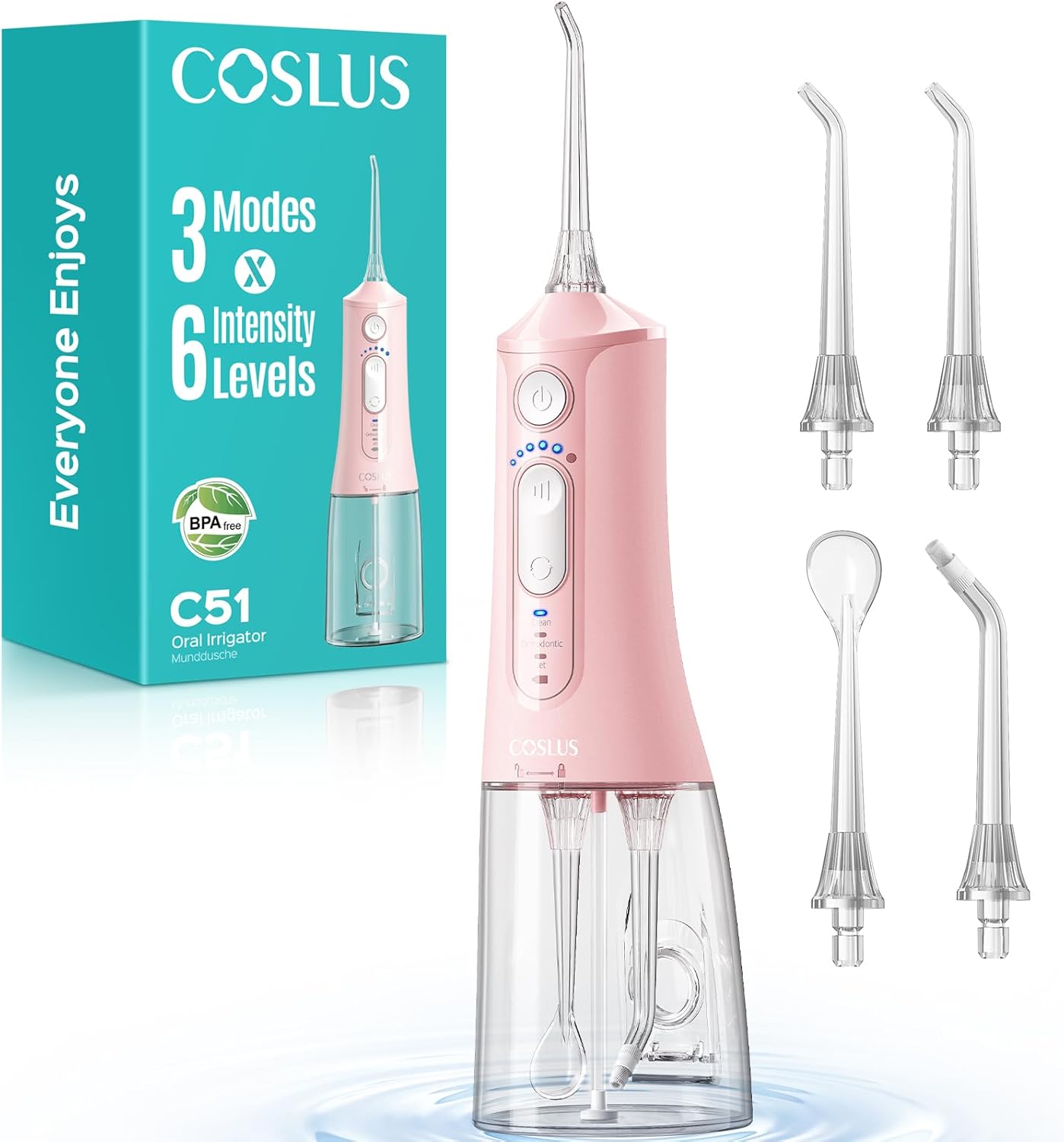 Detalle de COSLUS C51 Portable Water Flosser: 3 Modes, 6 Pressure Settings, ADA Accepted