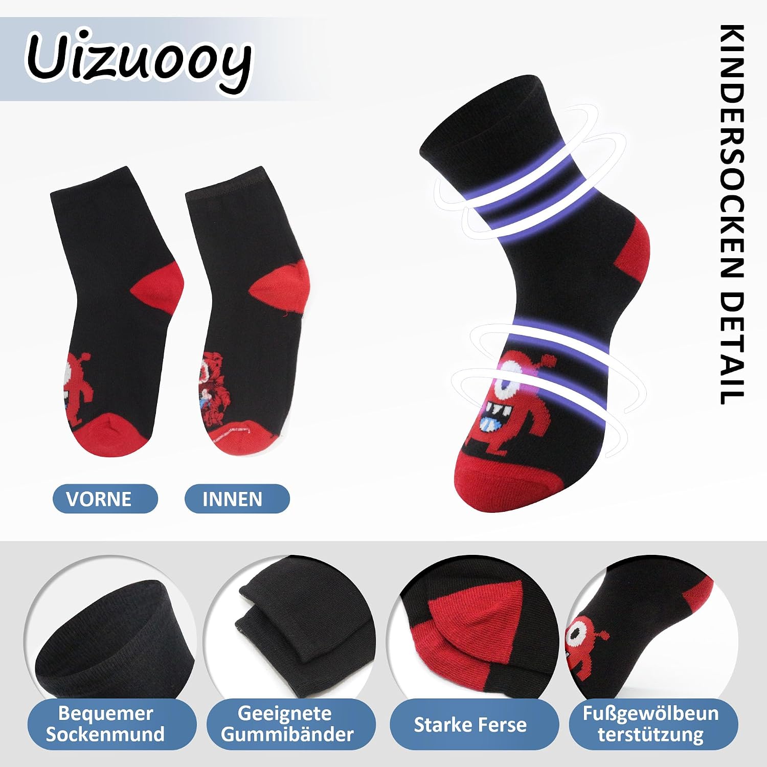 Detalle 2 de Uizuooy Kinder Sportsocken (31–34) aus Baumwolle, atmungsaktiv & unisex – 12 Paar