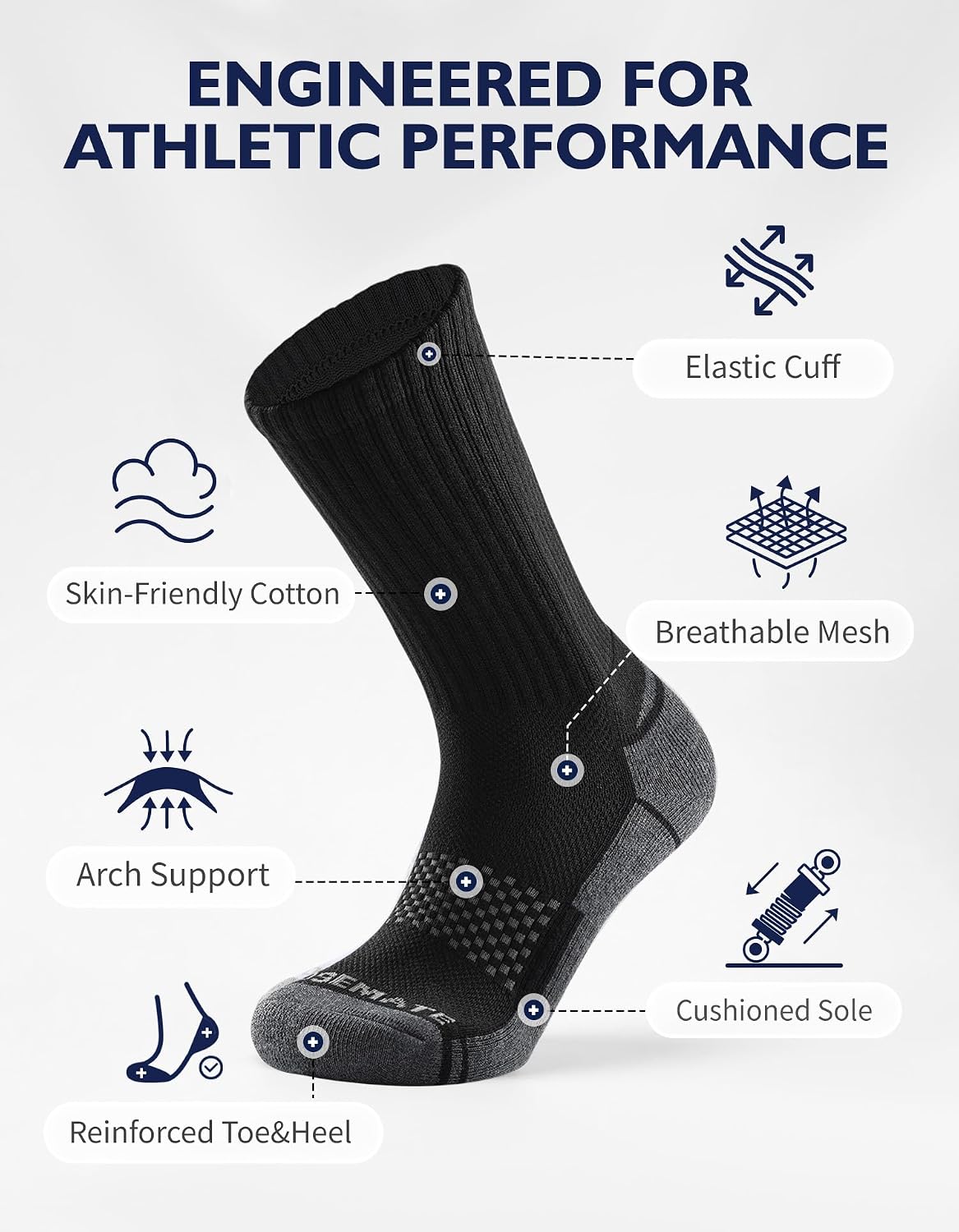 Detalle 2 de CLOSEMATE CT08 Men's Cushioned Crew Socks, 6 Pairs, Cotton Blend