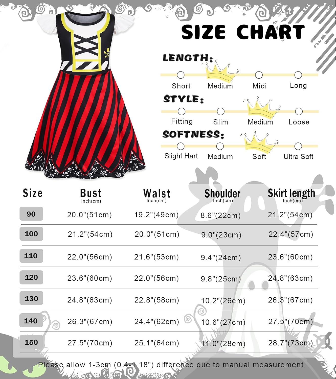 Detalle 1 de Eledobby Girls Pirate Costume Dress, Knee-Length Cartoon Print with Flutter Sleeves