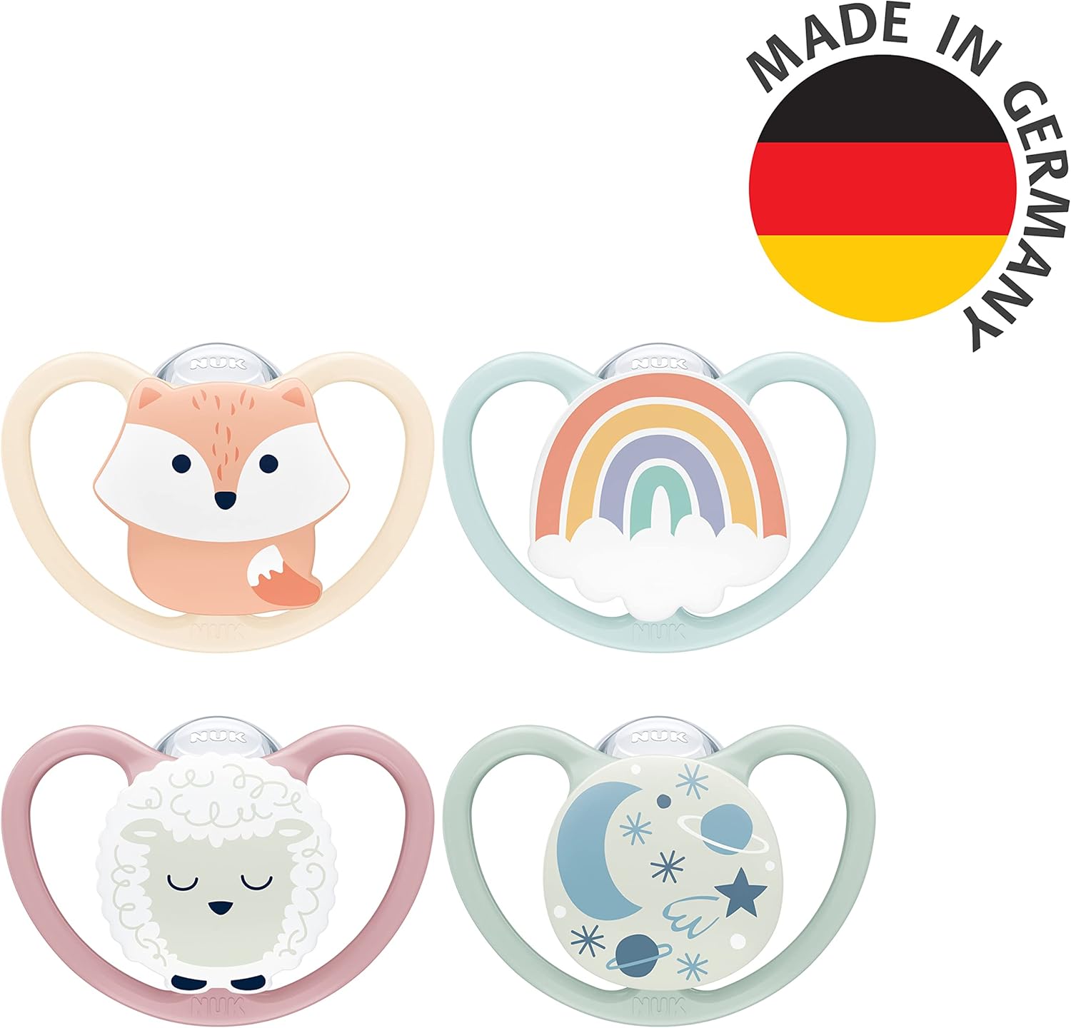 Thumbnail 6 de NUK Space Day & Night Baby Dummy (0-6 Months) | Glow-in-the-dark soothers with extra ventilation | Fox & Sheep | 4 pack