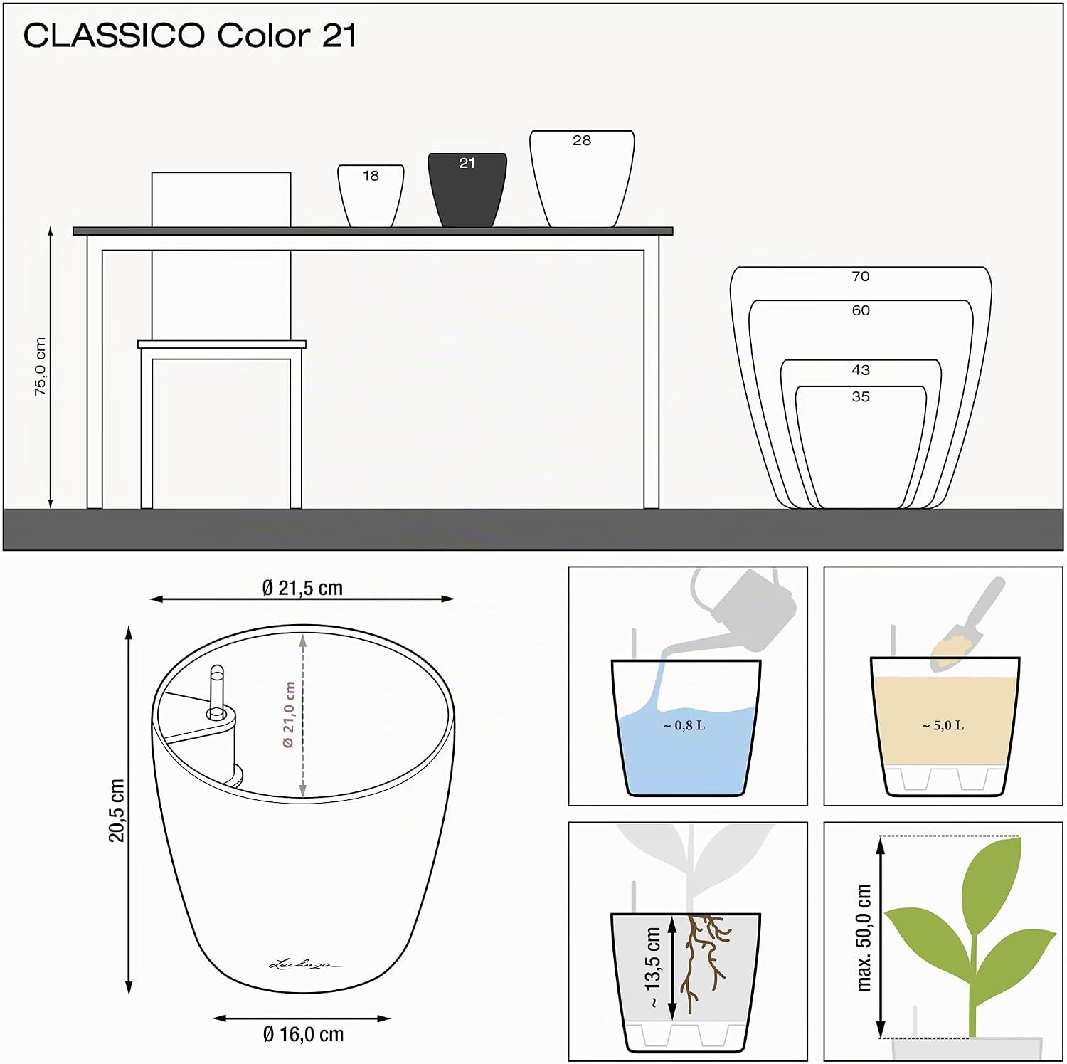 Detalle de LECHUZA CLASSICO Colore 21 marrone sabbia 13182 – Vaso autoirrigante tutto-in-uno