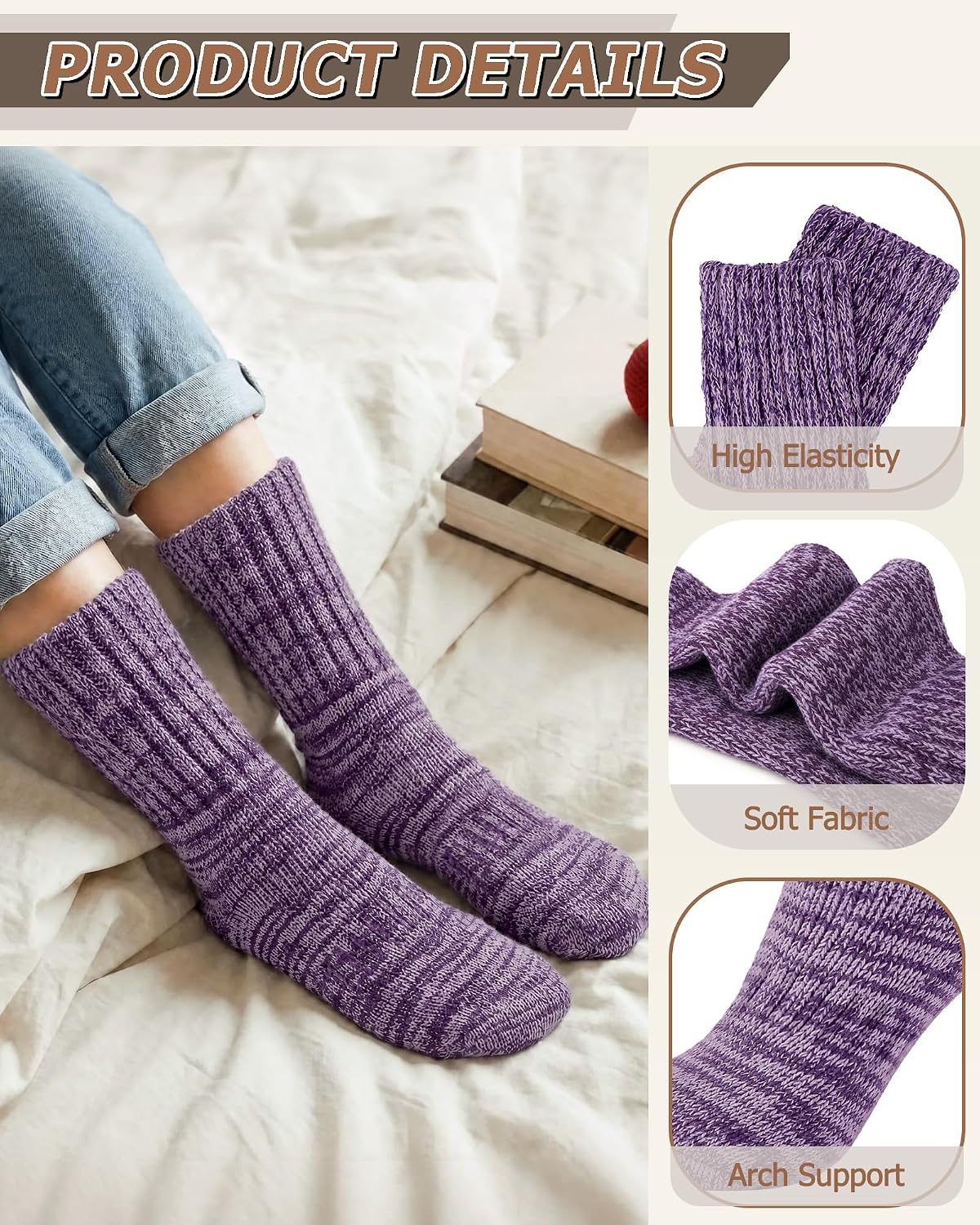 Detalle de Senker Fashion Wool Socks for Women, 4-Pair Thermal Boot Socks with Arch Support