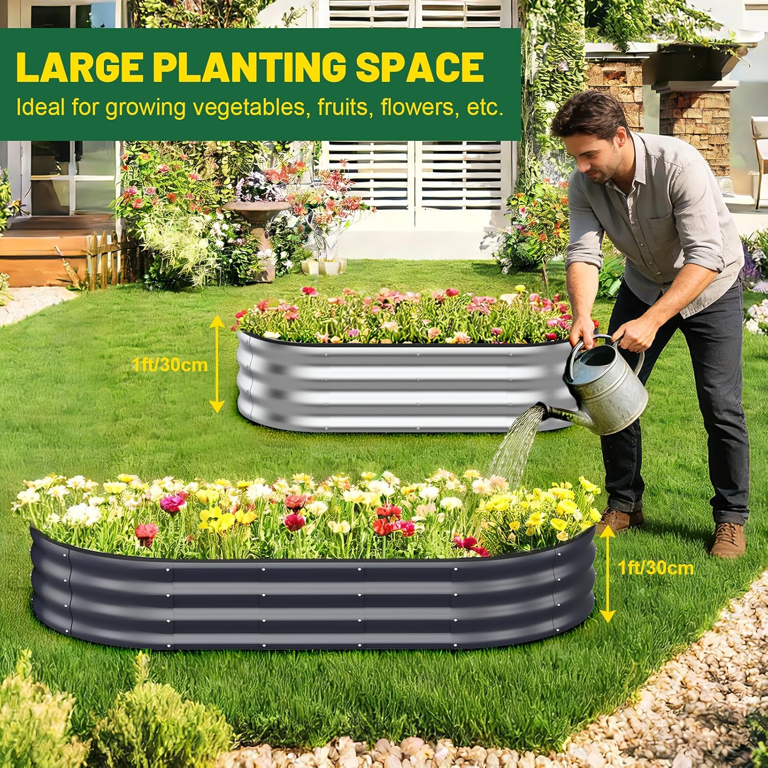 Detalle de Ergohortus Raised Beds for Garden: Set of 2 galvanised metal planters, 120x60x30 cm