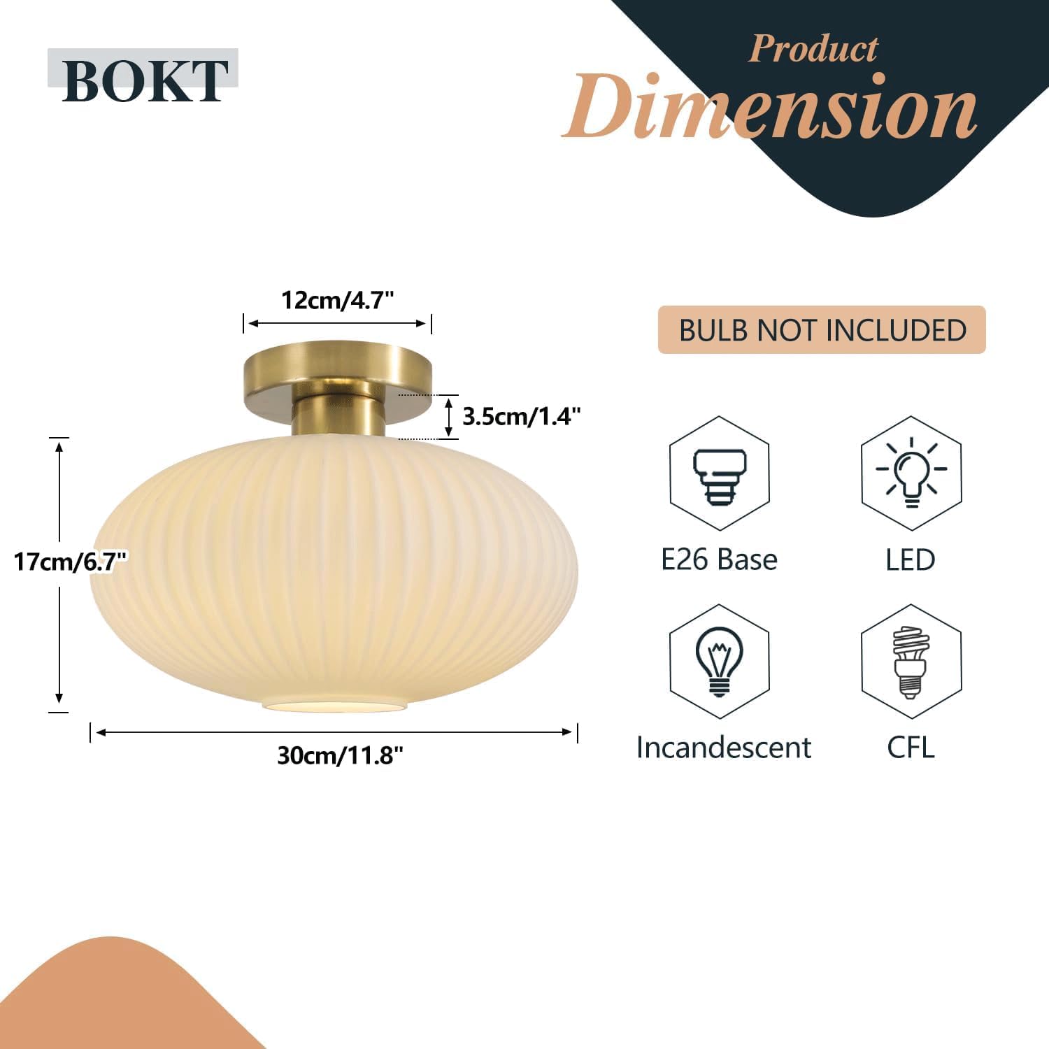 Detalle de BOKT BC1145-FT Mid-Century Ceiling Light with Ribbed Glass and Brushed Brass