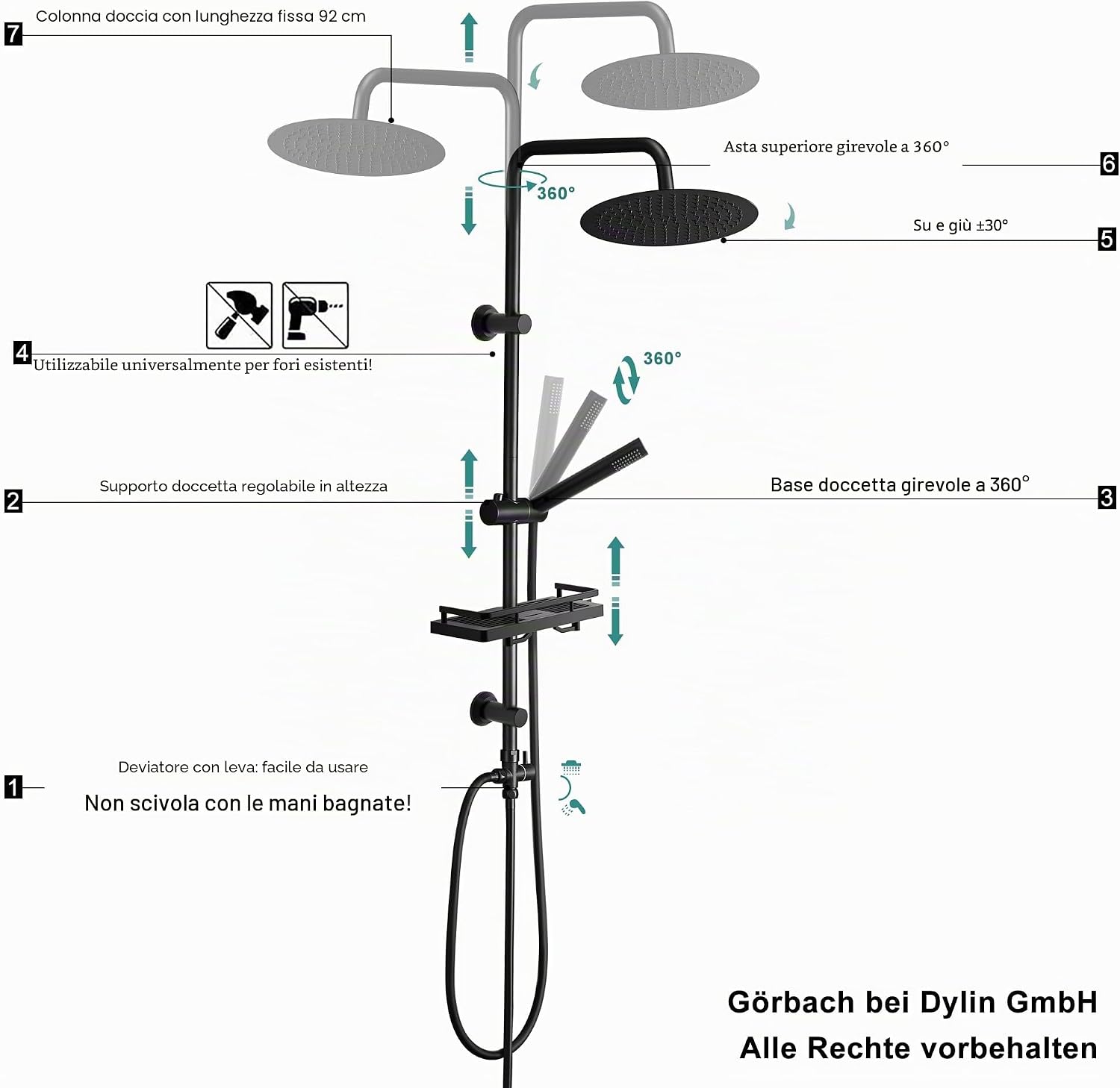 Thumbnail 4 de Görbach Colonna Doccia in Acciaio Inox con Soffione a Pioggia, Doccetta, Mensola e Deviatore – Setup Senza Miscelatore