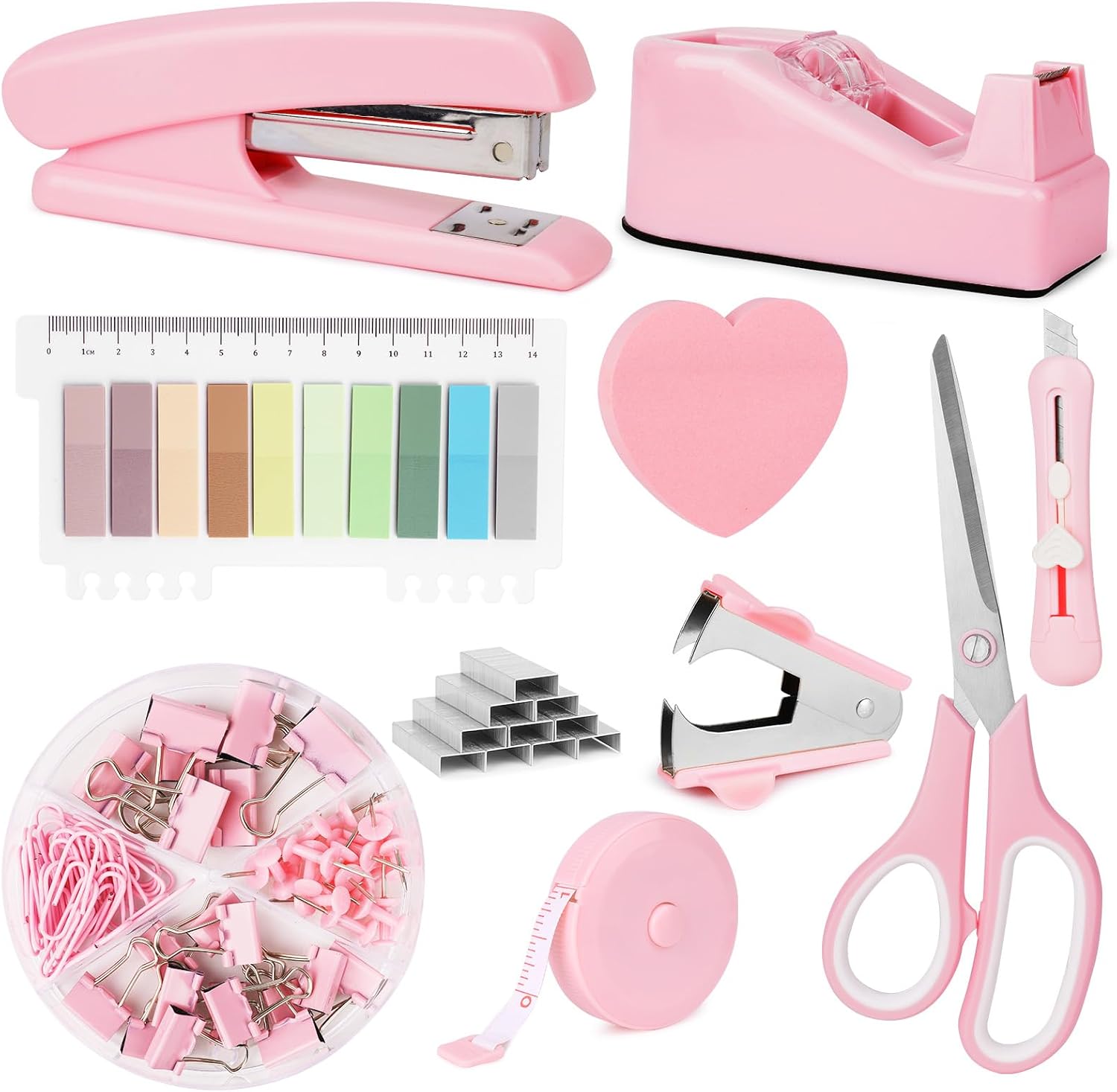 Detalle de OFFCUP roze bureauaccessoireset met nietjes, plaknotities en meetlint