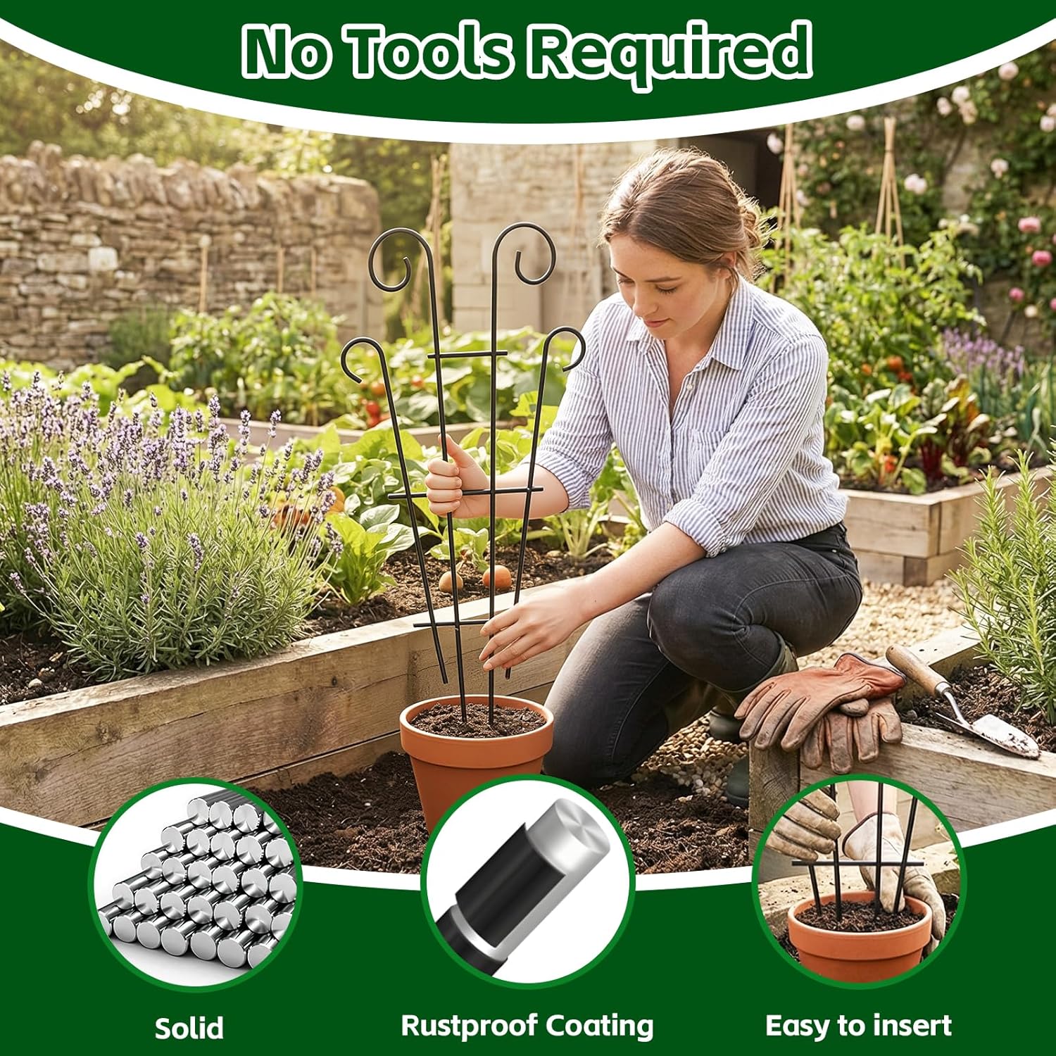 Detalle de Thealyn 4-Pack 32-Inch Plant Trellis for Potted Climbers – Wave-Style Metal Support (Black)