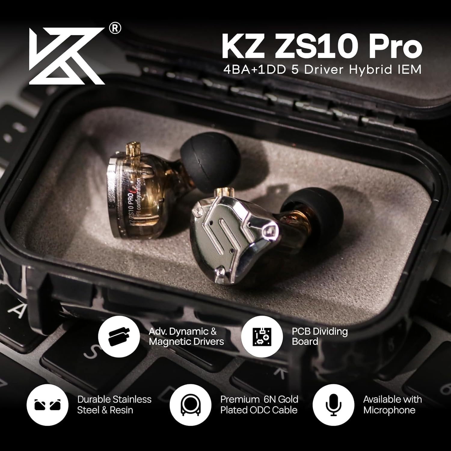Detalle de Linsoul KZ ZS10 Pro: 5-Driver Hybrid In-Ear Monitor (4BA+1DD) for Hi-Res Sound