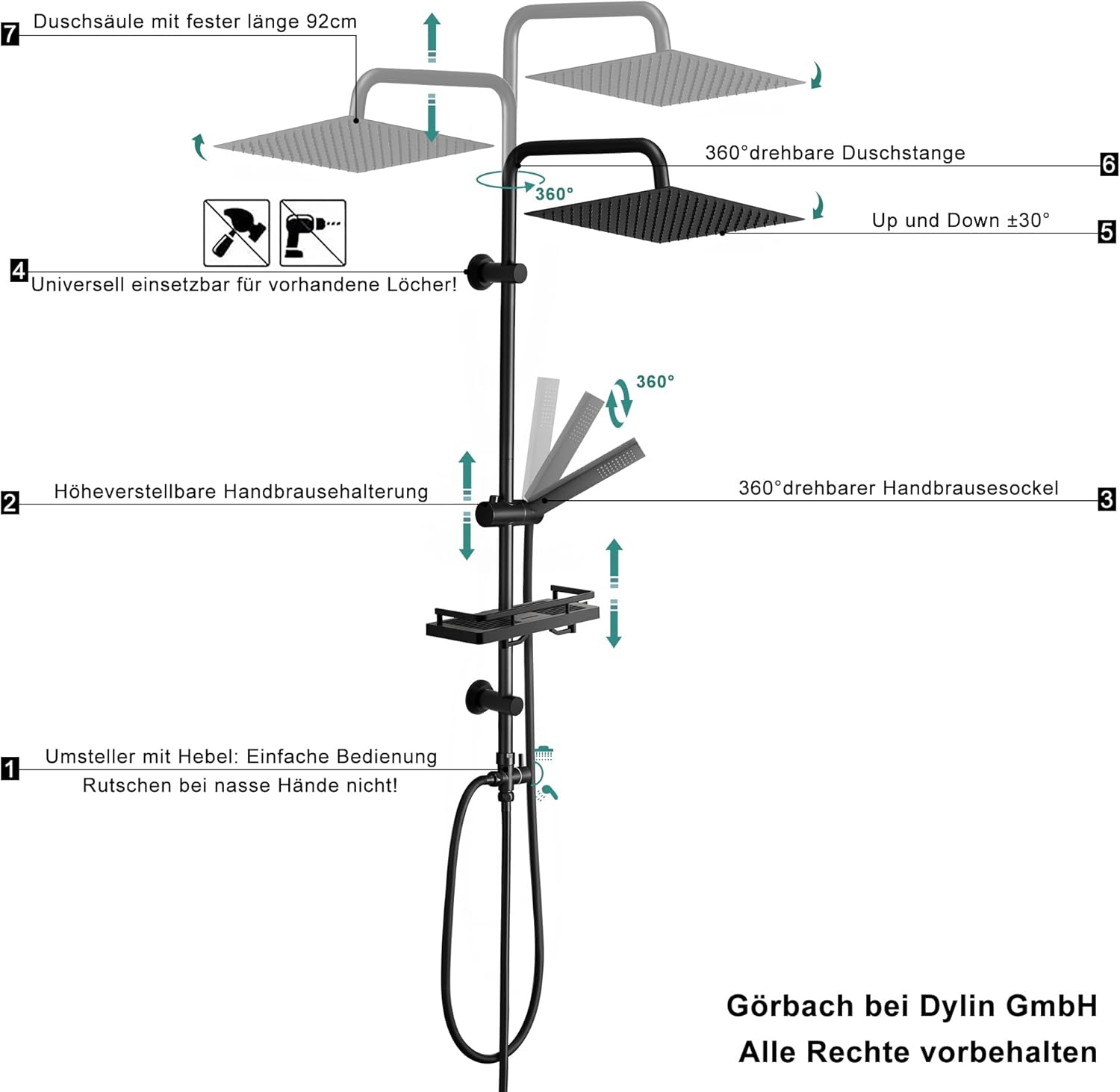 Thumbnail 4 de Görbach Regendusche Duschsystem mit Ablage, wassersparend, Edelstahl ⌚💧