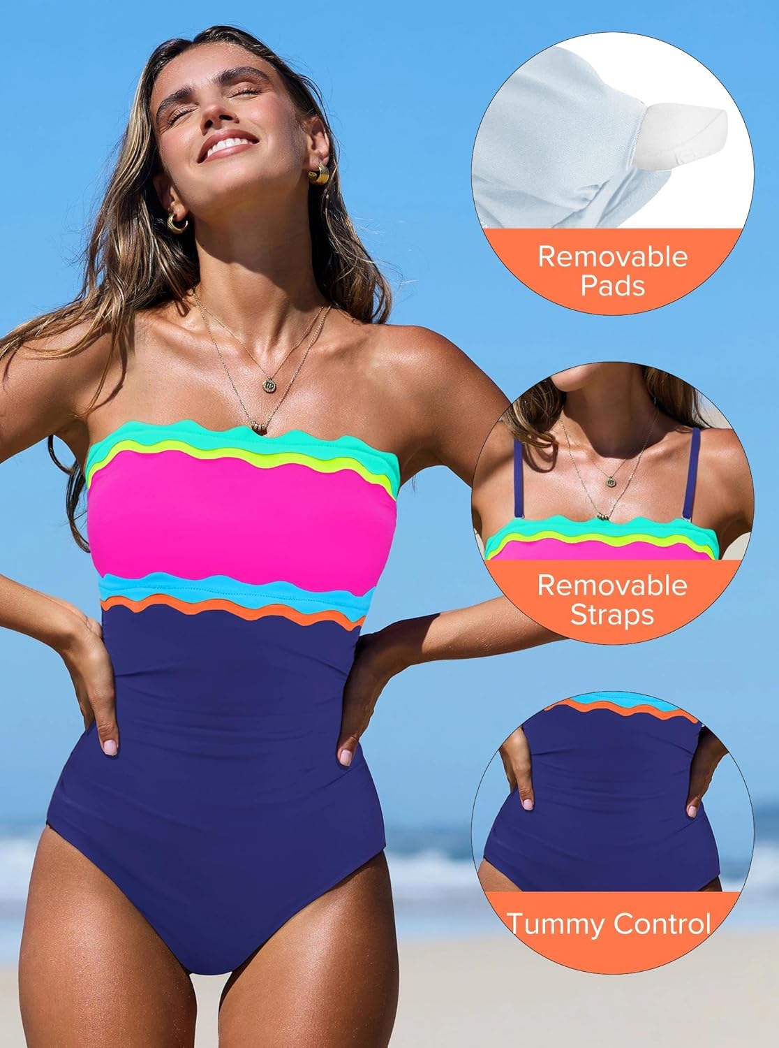 Thumbnail 3 de Popvil One Piece Swimsuits for Women: Neon Bandeau with Tummy Control (2026)