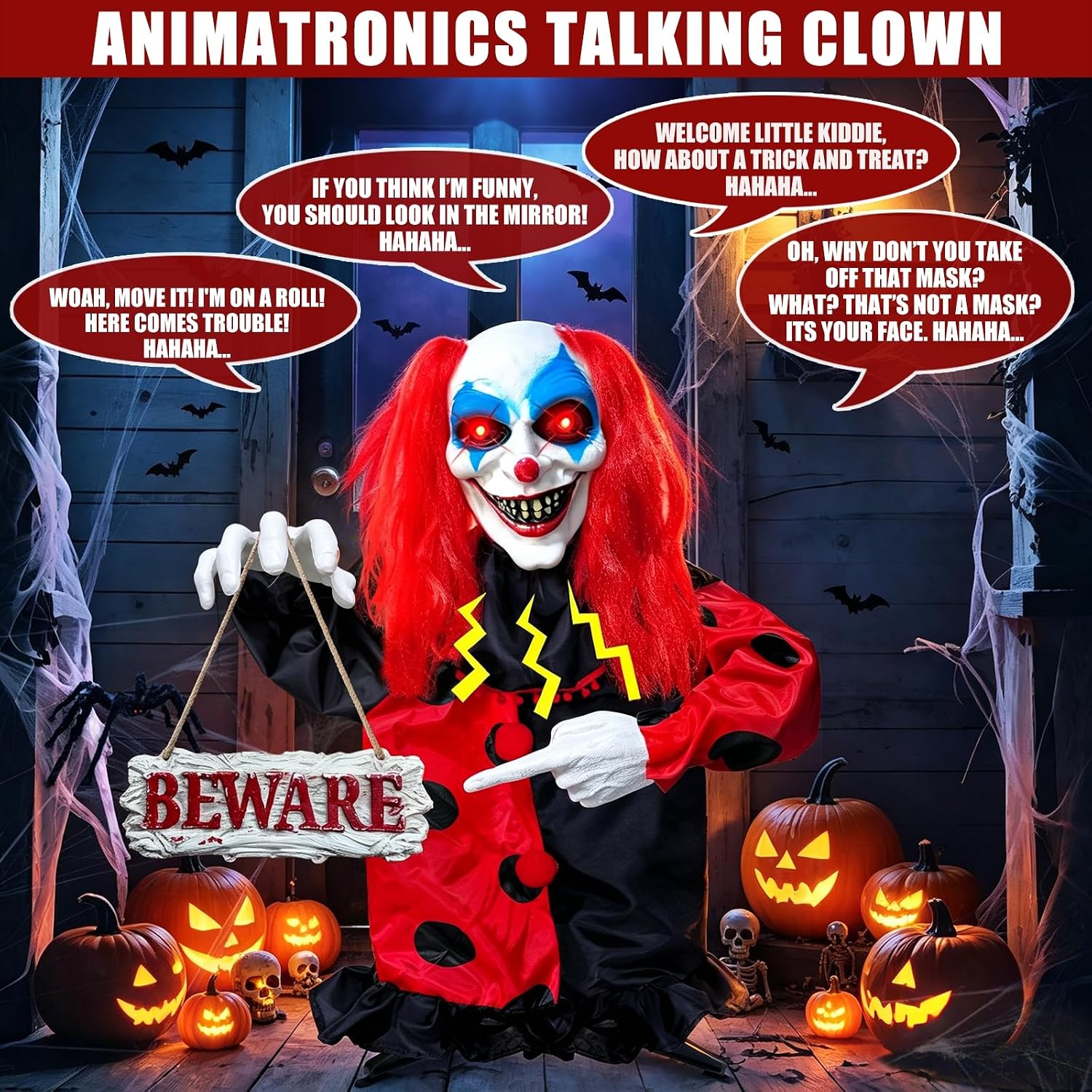Detalle 1 de TURNMEON 40-Inch Animatronic Clown with Sound Activation and Red LED Eyes