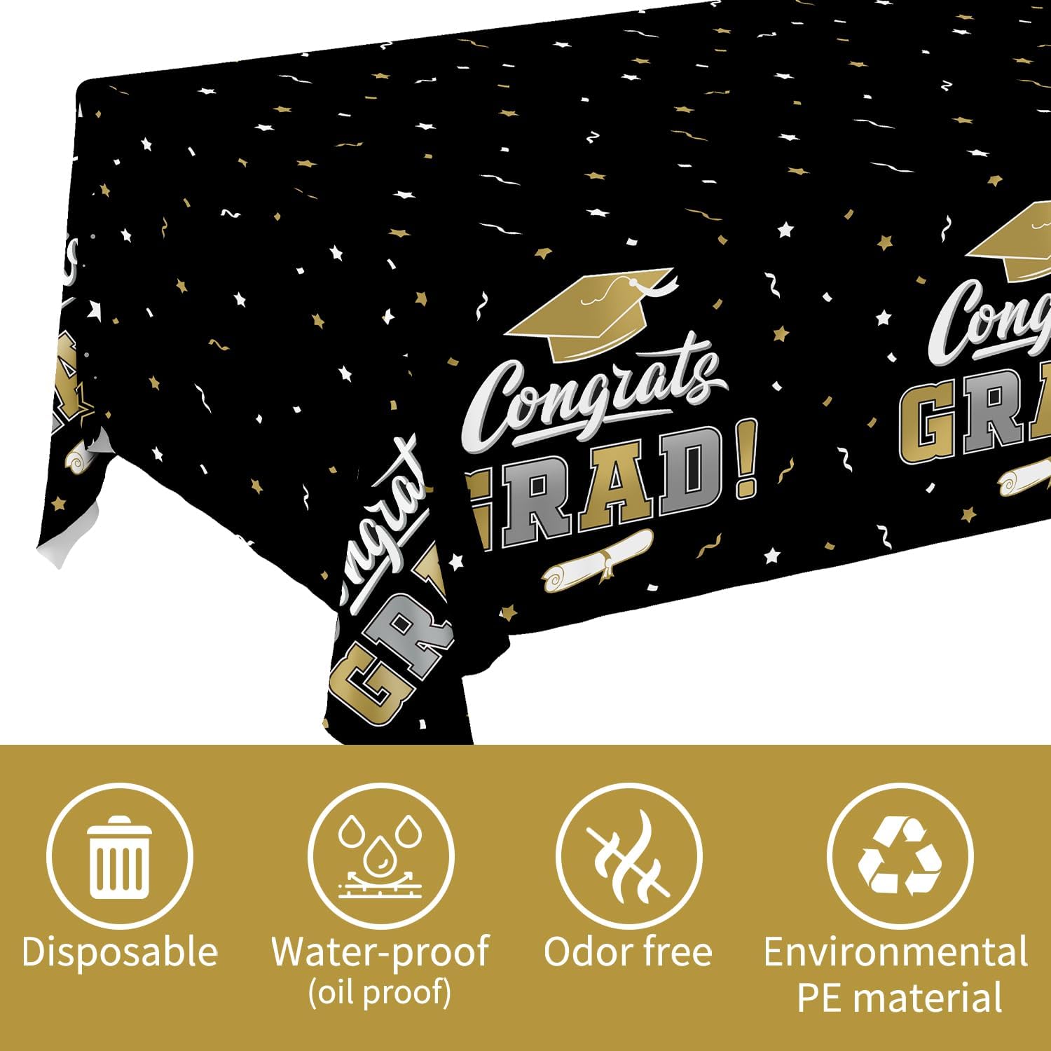 Thumbnail 4 de Gatherfun Graduation Decorations Gongrats Grad Tablecover Set (Class of 2026), 3-Pack 54" x 108" Black & Gold