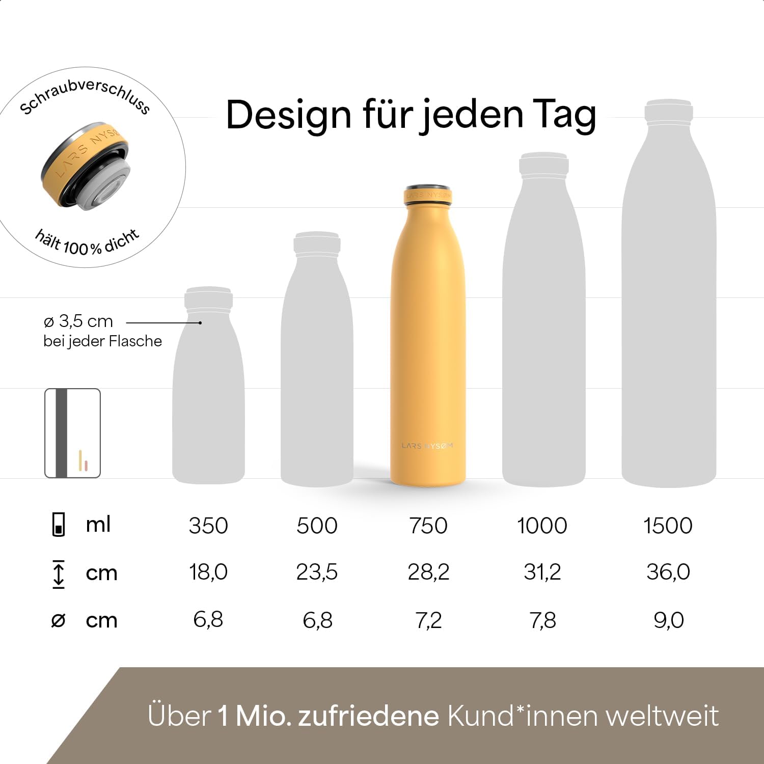 Thumbnail 3 de LARS NYSØM Edelstahl Trinkflasche Ren 750 ml – Auslaufsicher, doppelwandig, Mustard Yellow