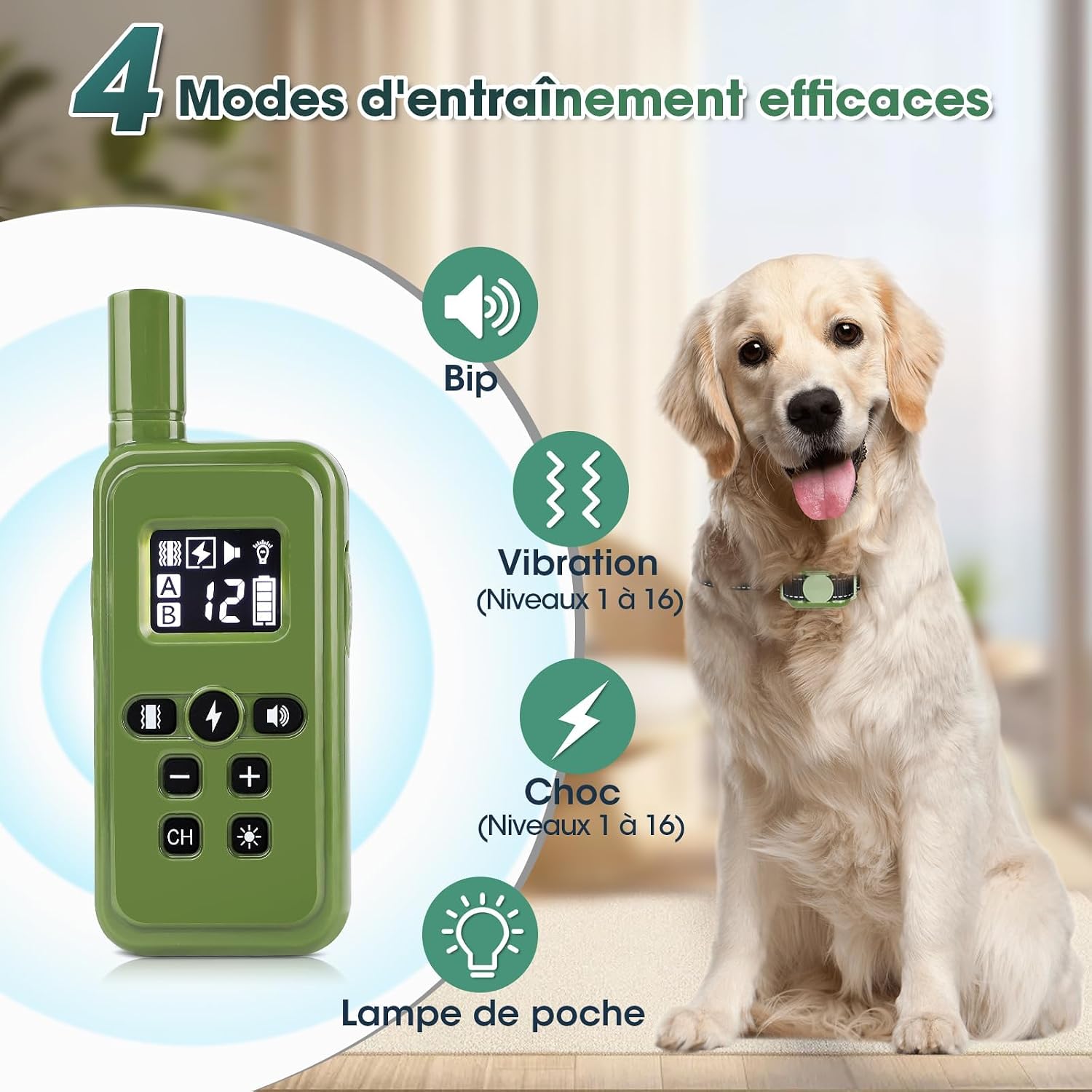 Detalle de Collier de Dressage pour Chien – Électrique, Télécommande, Portée 2000 ft, 4 Modes, IPX7