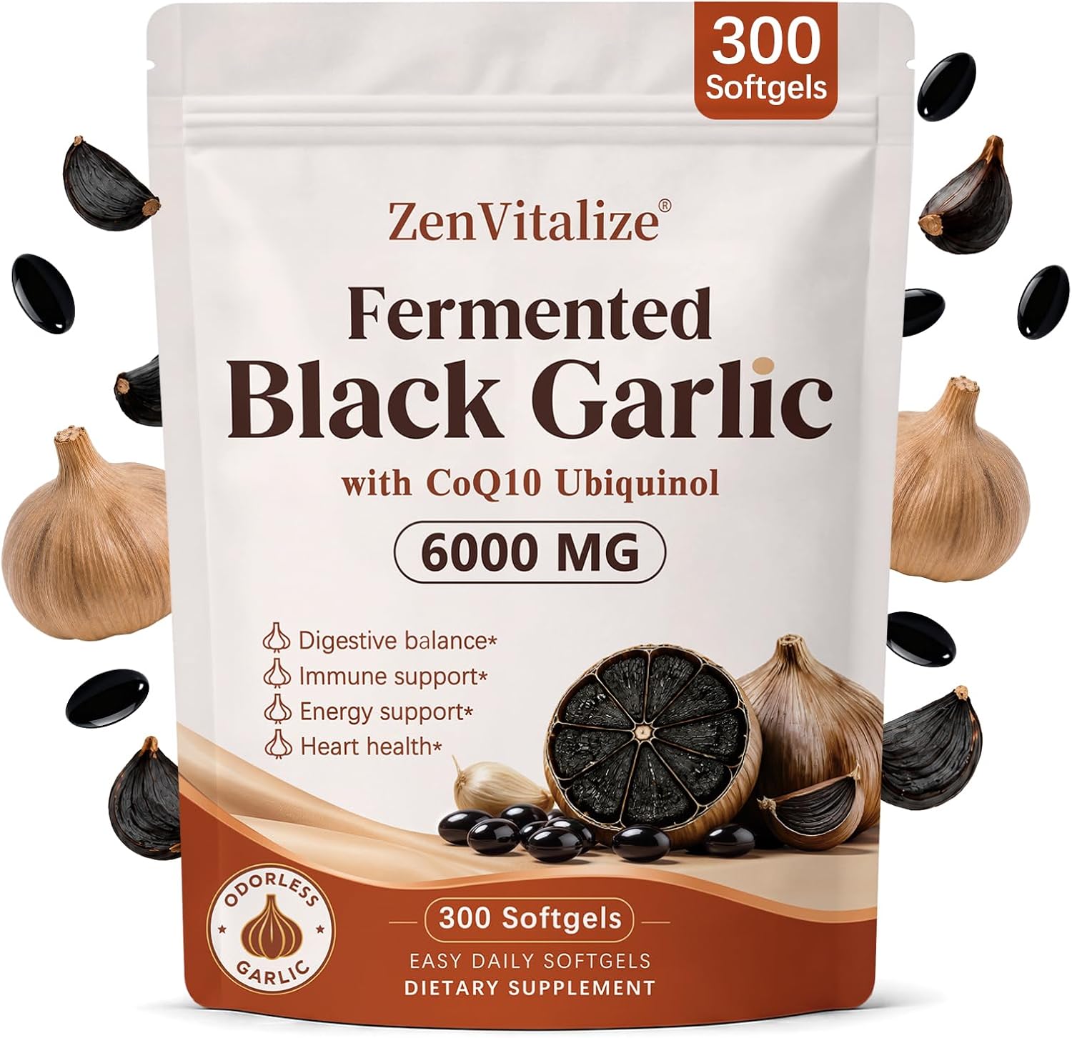 Detalle de ZenVitalize JKM-007 Aged Fermented Black Garlic Softgels, CoQ10, Ubiquinol & K2 MK-7, 300 Count