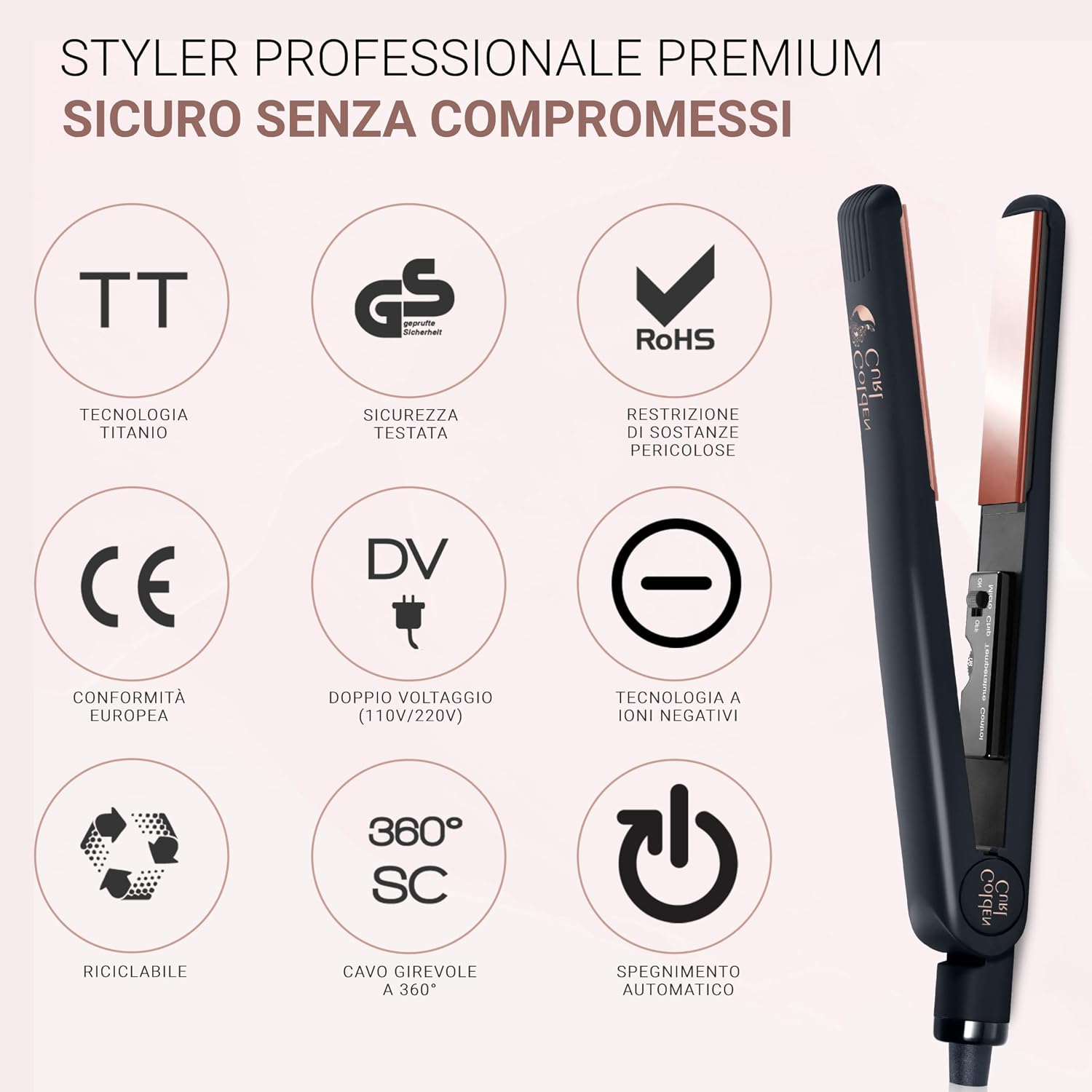 Detalle de Golden Curl Piastra per Capelli Golden Curl 2 in 1 (liscia e crea onde) con tecnologia ionica e titanio