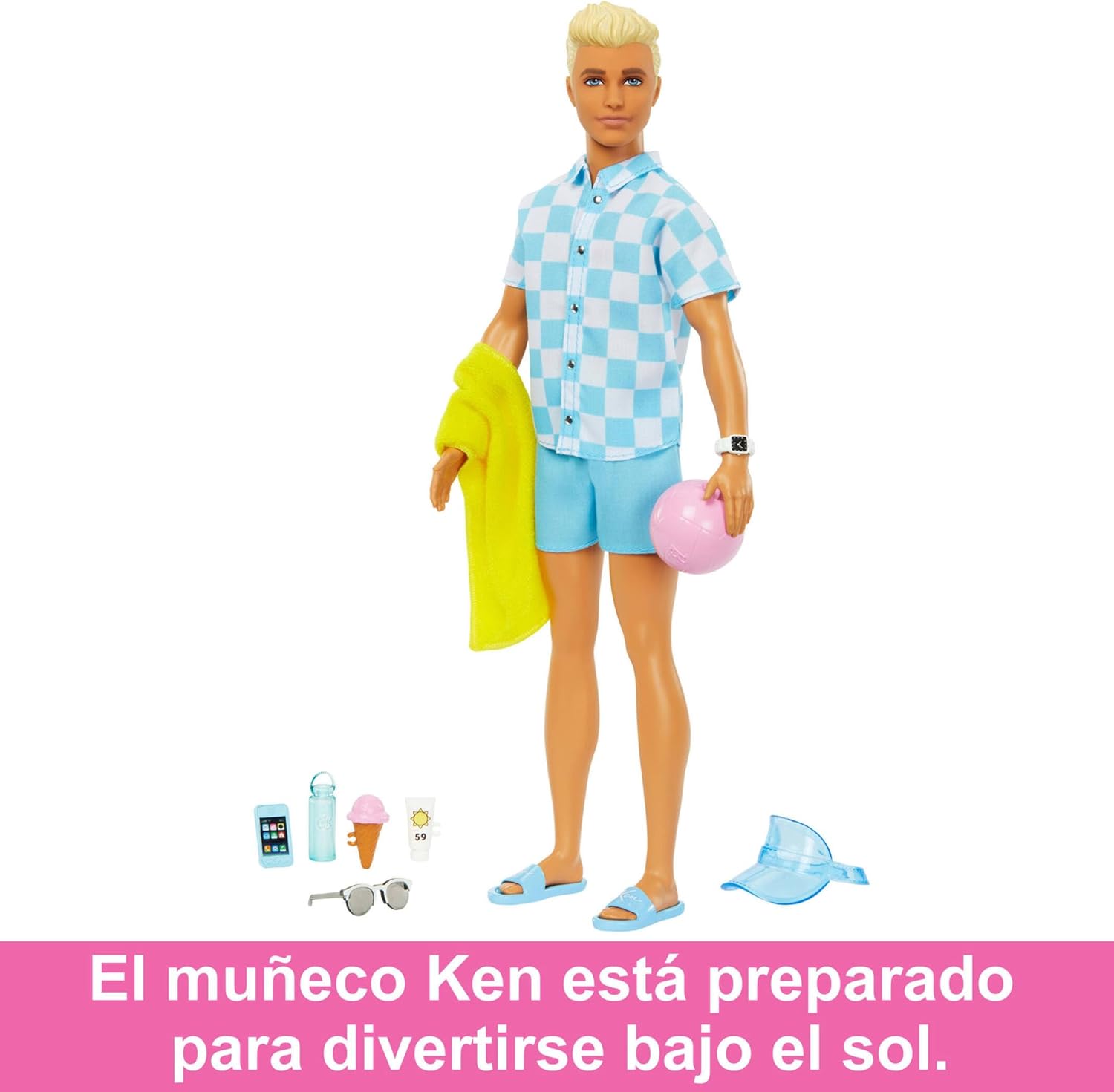 Detalle de Barbie Ken Día en la Playa (HPL74) muñeco con accesorios playeros, hecho con plásticos reciclados