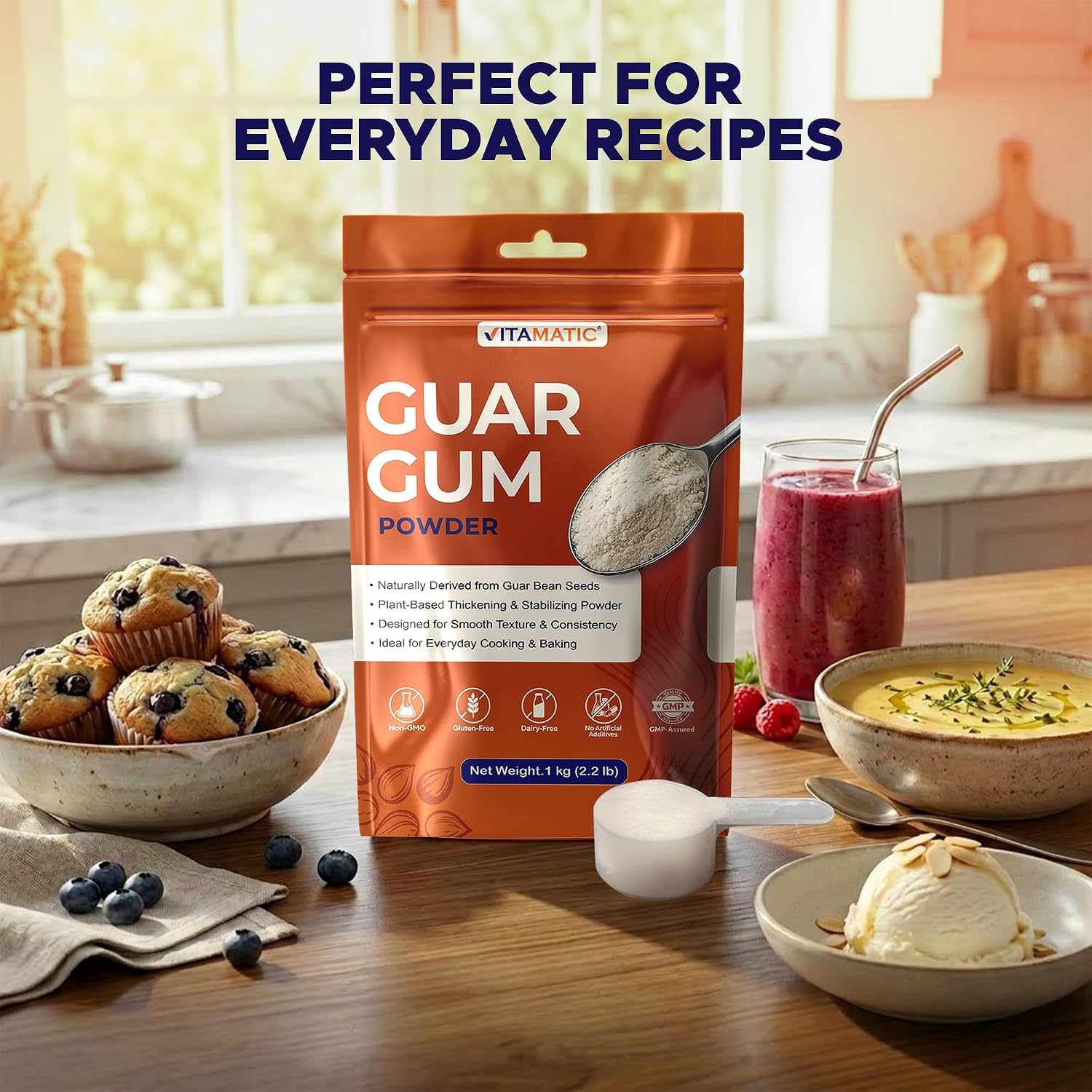 Detalle de Vitamatic Guar Gum Powder 1 kg (2.2 lb), Plant-Based Thickener & Stabilizer
