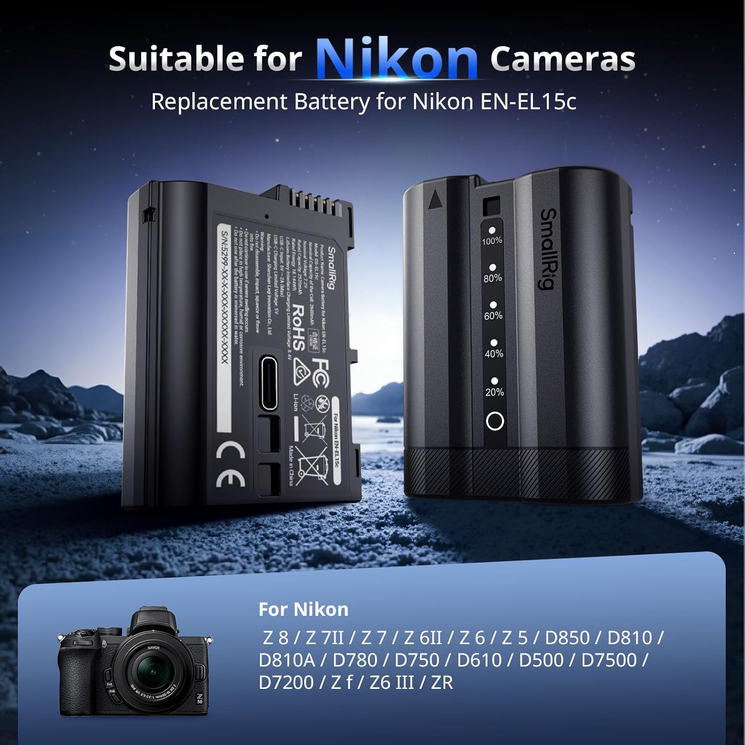 Thumbnail 4 de SmallRig EN-EL15c: Batterie Nikon 2520 mAh avec USB-C, LED et Charge rapide 2,5 h