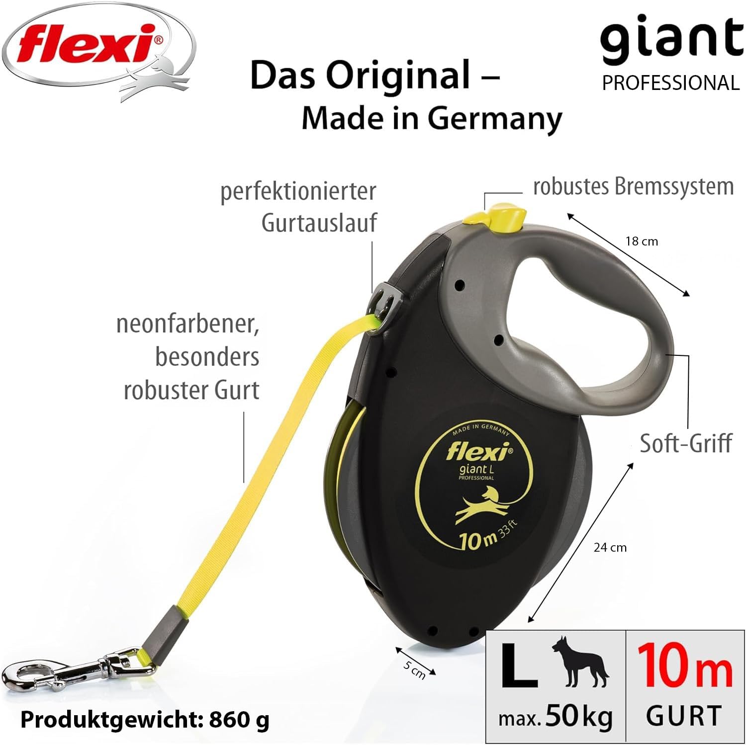 Detalle 2 de flexi Giant Professional L Hunde Roll-Leine 10 m – schwarz/neon-gelb