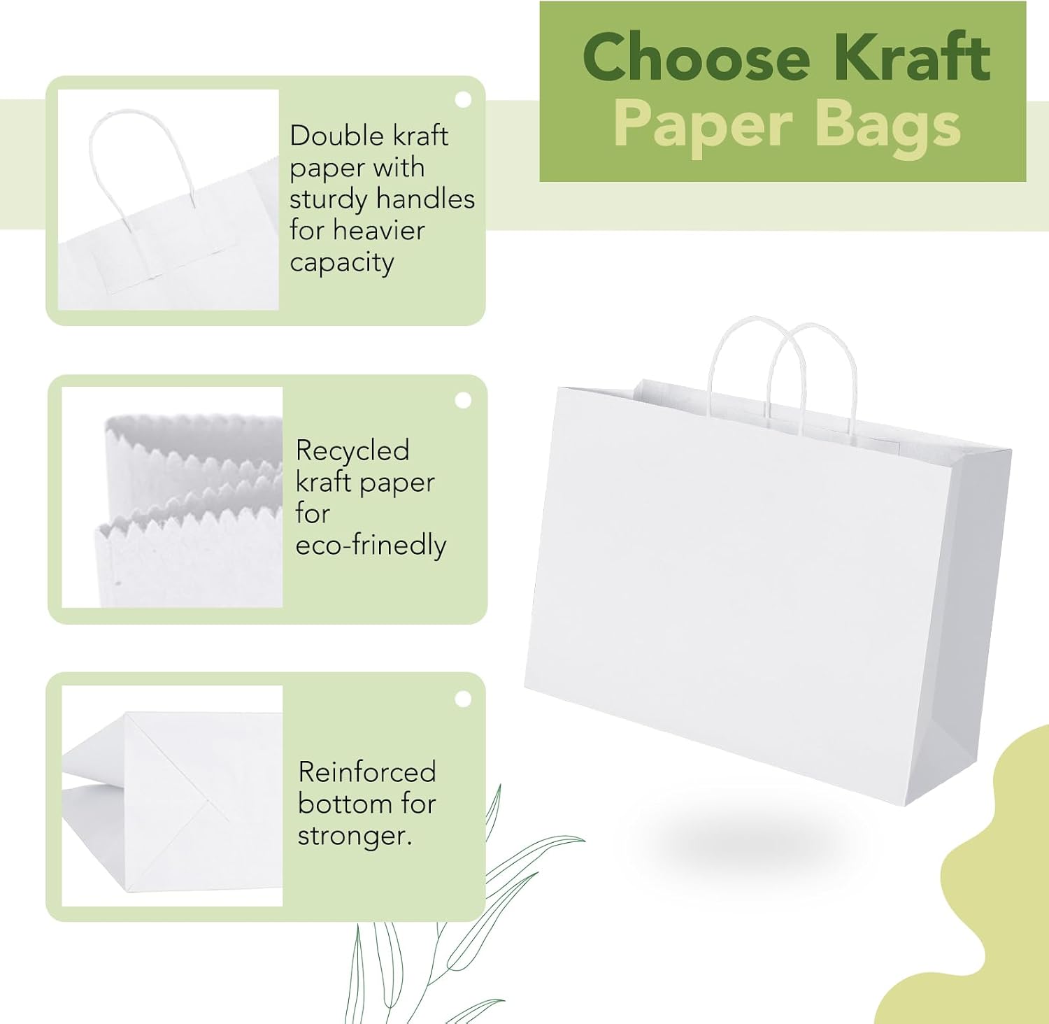 Thumbnail 3 de MESHA 16x6x12" 50-Pack White Kraft Paper Bags with Handles