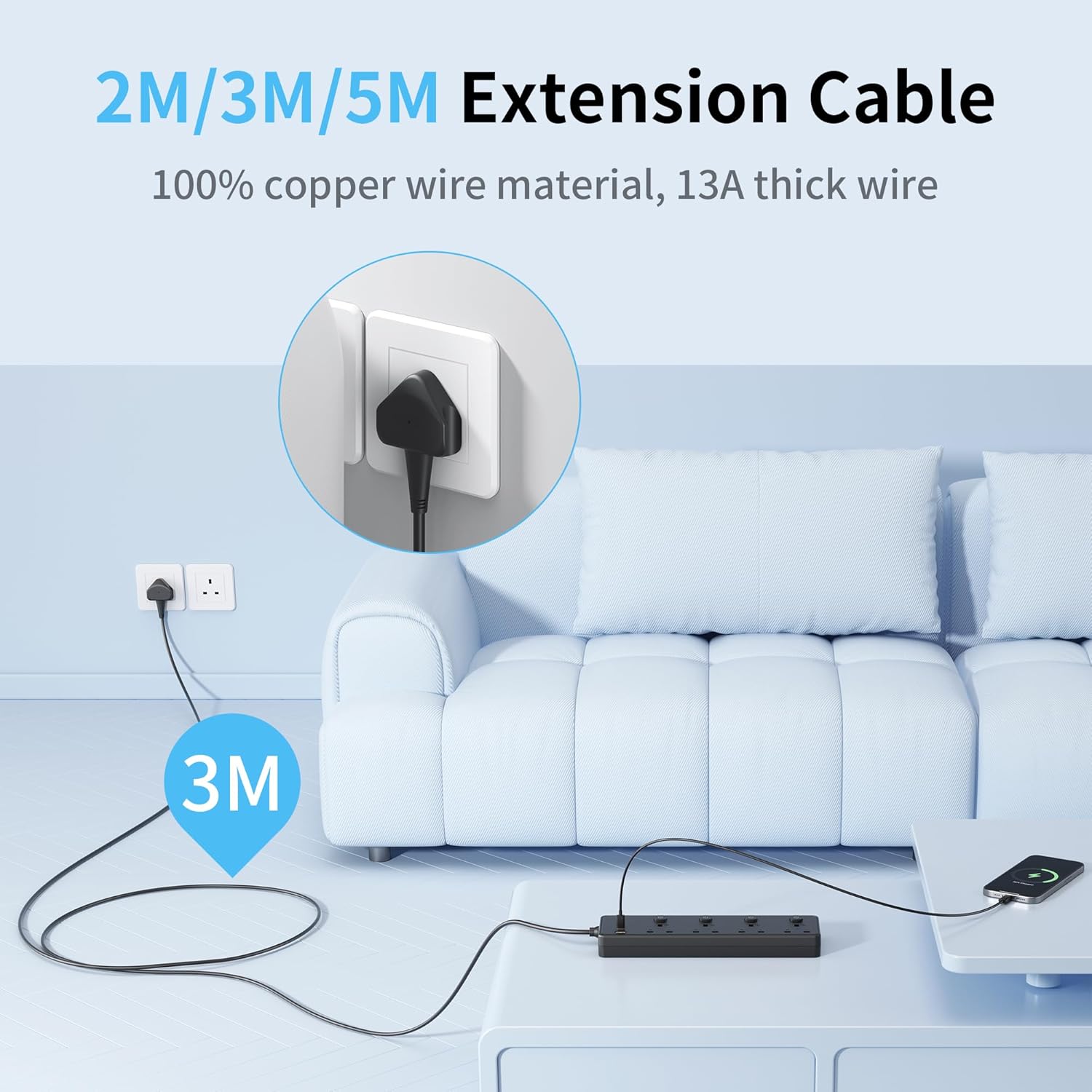 Thumbnail 6 de Extension Lead with 3 USB Slots (30W) and 4-Way Sockets, 3M Wall-Mountable Surge Protected Power Strip
