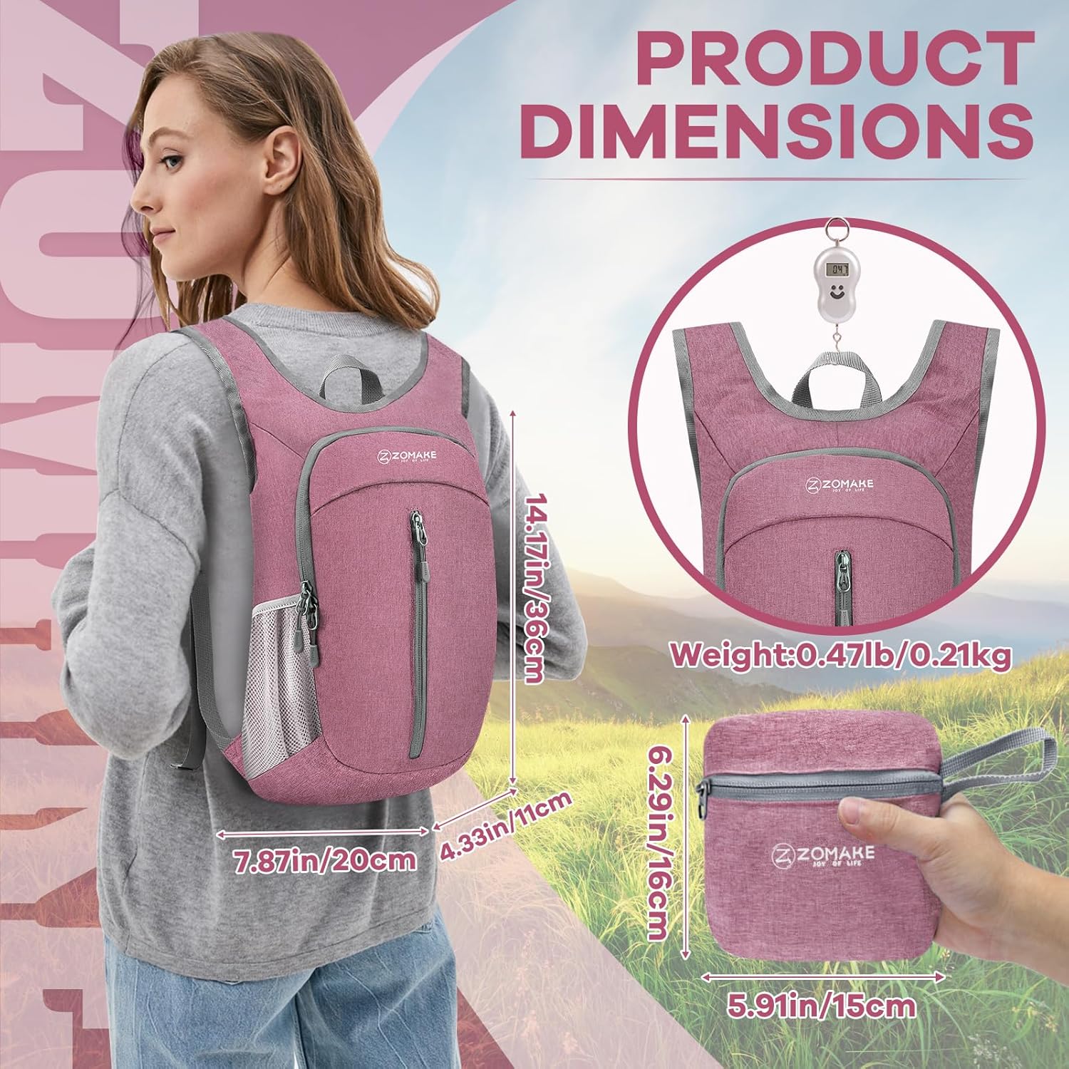 Detalle 2 de ZOMAKE 10L Foldable Backpack: Lightweight Daypack for Travel, Hiking and Everyday Use
